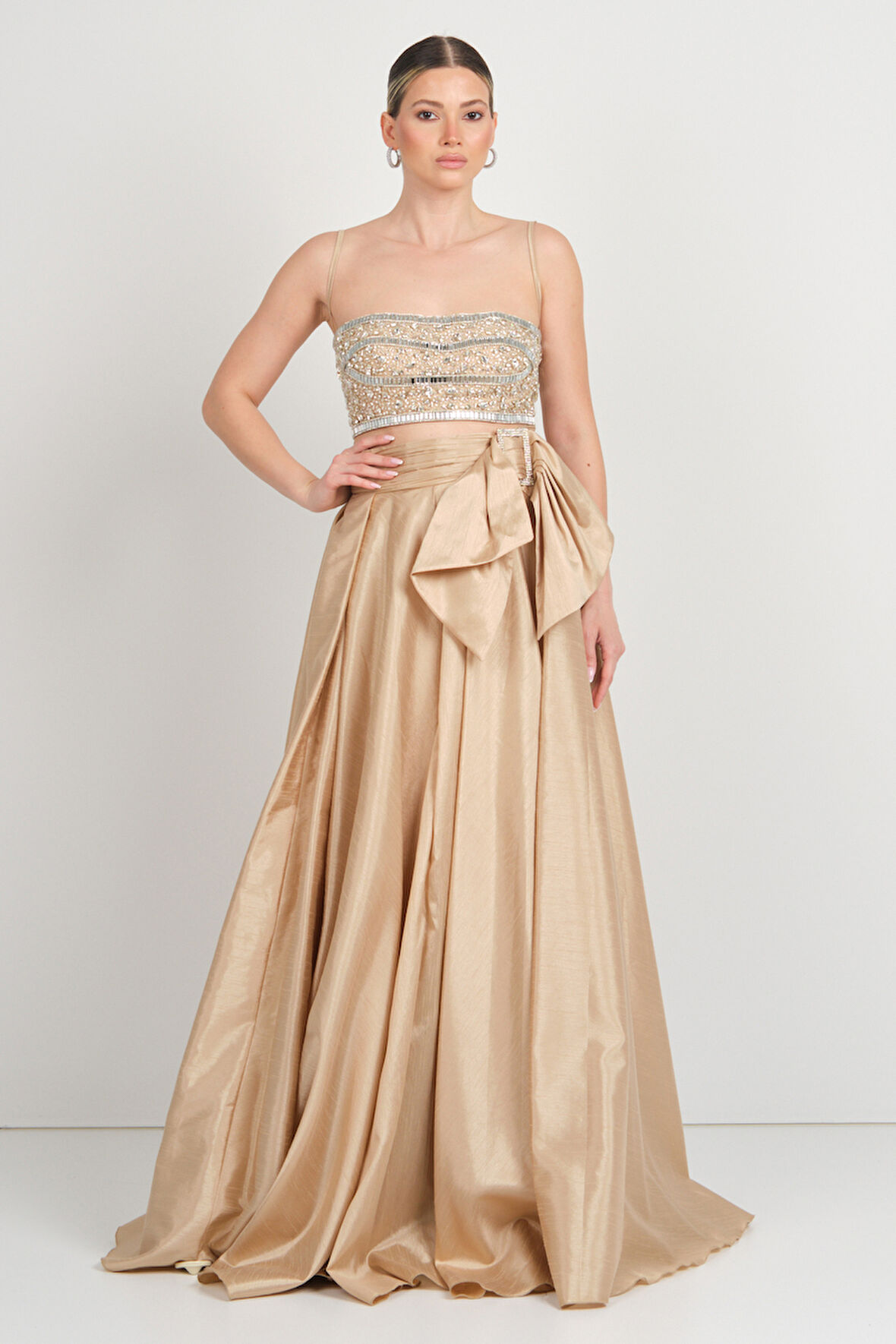 Ömür Inn Kadın Büstiyer Full Taşlı Eteği Tafta Kumaş İki Parça Abiye Elbise 2473 Ten