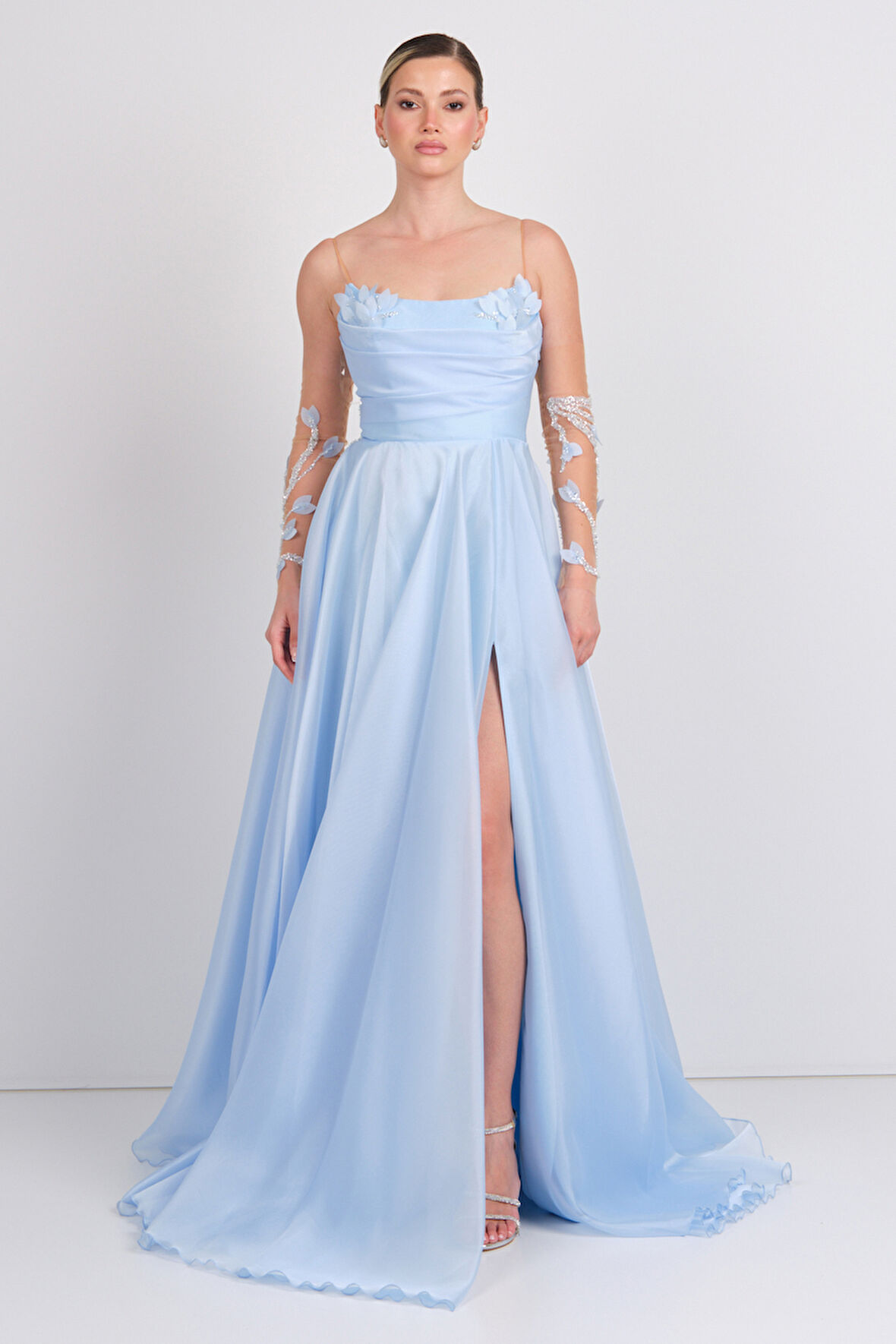 Ömür Inn Kadın İp Askılı Derin Yırtmaçlı Uzun Abiye Elbise 0482 Bebe Mavisi