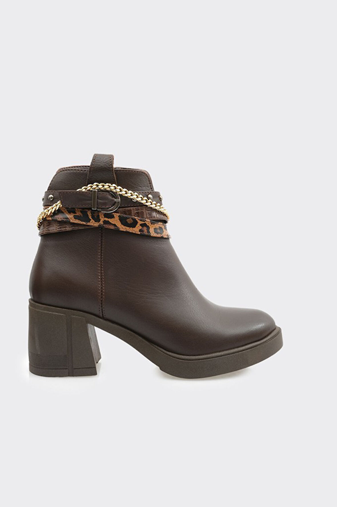 Hakiki Deri Fermuarlı Zincir Aksesuarlı Topuklu Kadın Bot