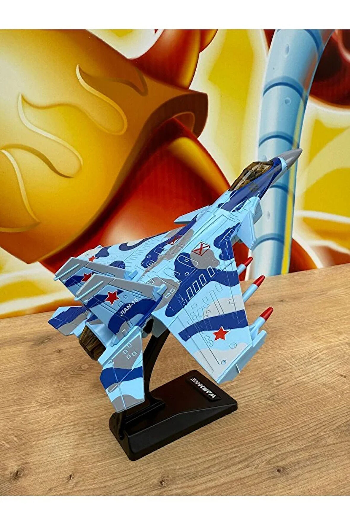 F16 Savaş Uçağı METAL Sesli Işıklı Jarjlı (Buhar Atar) Standlı F16 Uçak Mavi