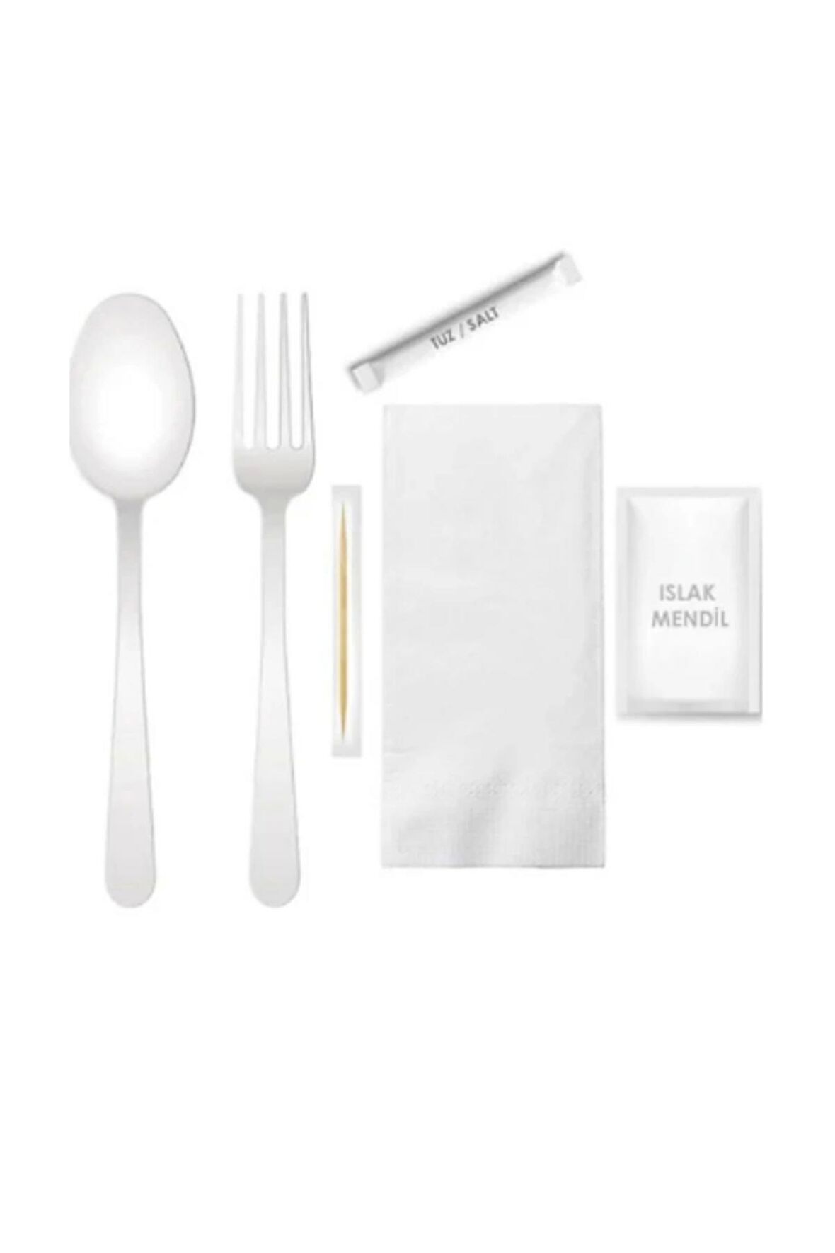 6 li lüks Set Plastik Çatal+Kaşık+Tuz+Kürdan+Islak Mendil+ Peçete Seti 100'lü