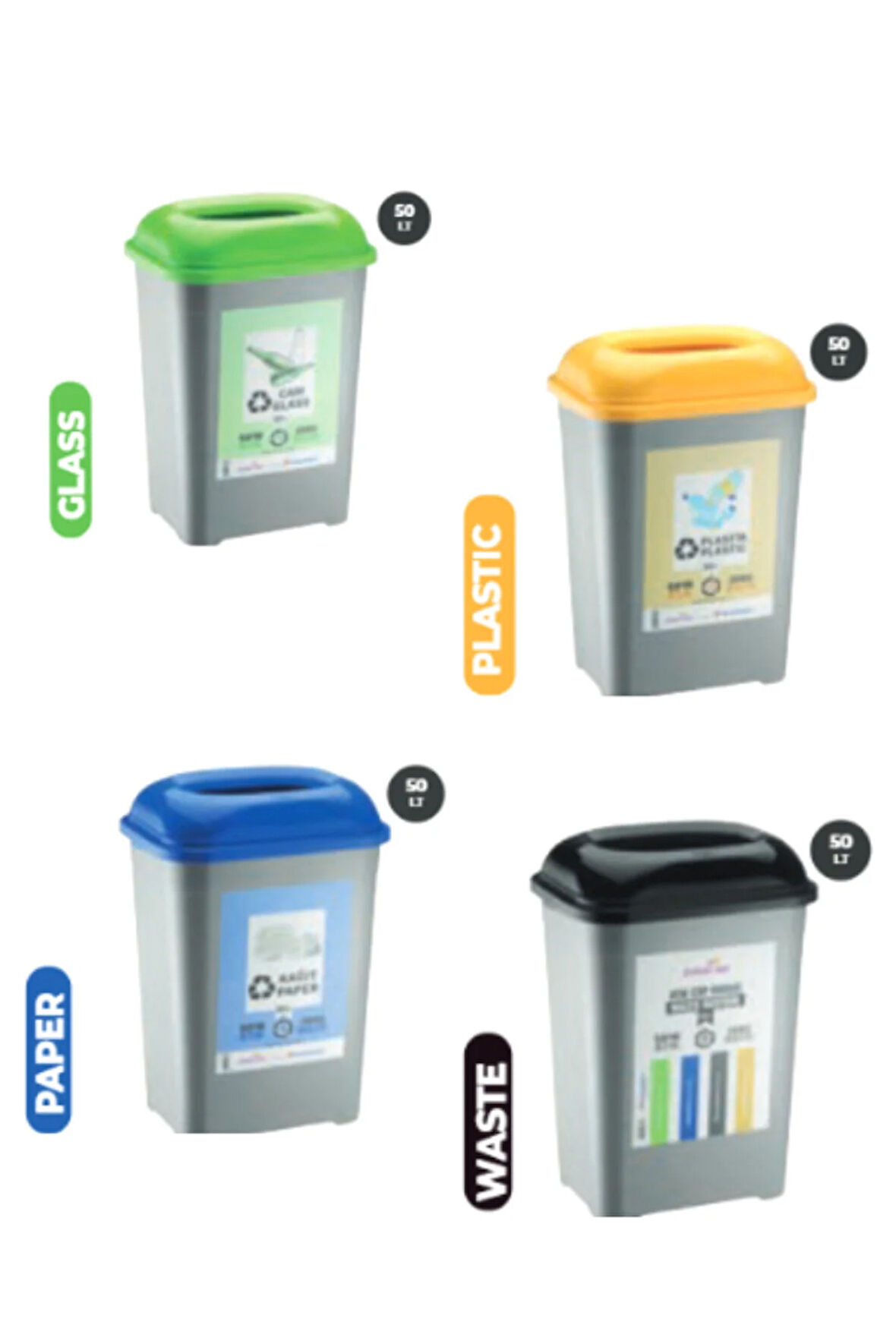 Geri Dönüşüm Atık Kağıt Atık Plastik Atık Cam Atık 4'lü Geri Dönüşüm Sıfır Atık Kutuları 50 LT