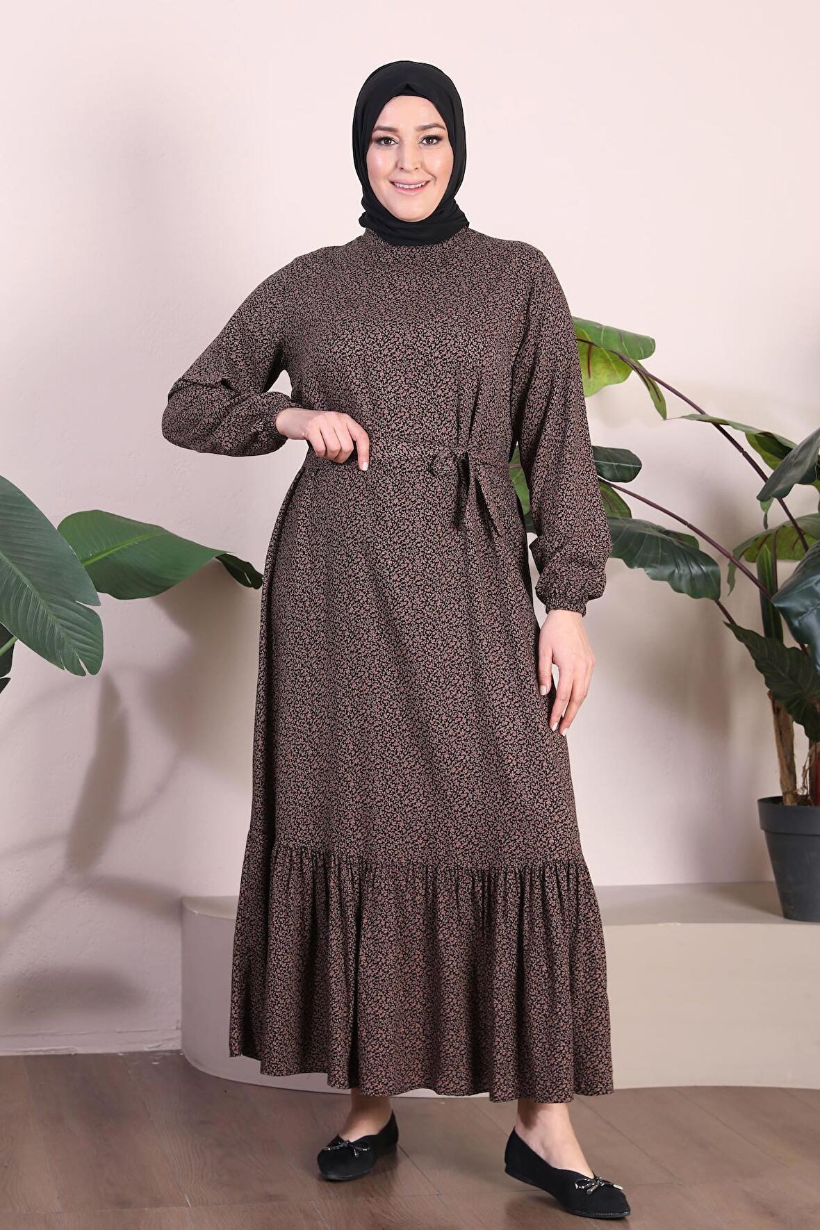 Kadın Buyuk Beden Elbise Tesettur Giyim Hakim Yaka Çıtır Desen 