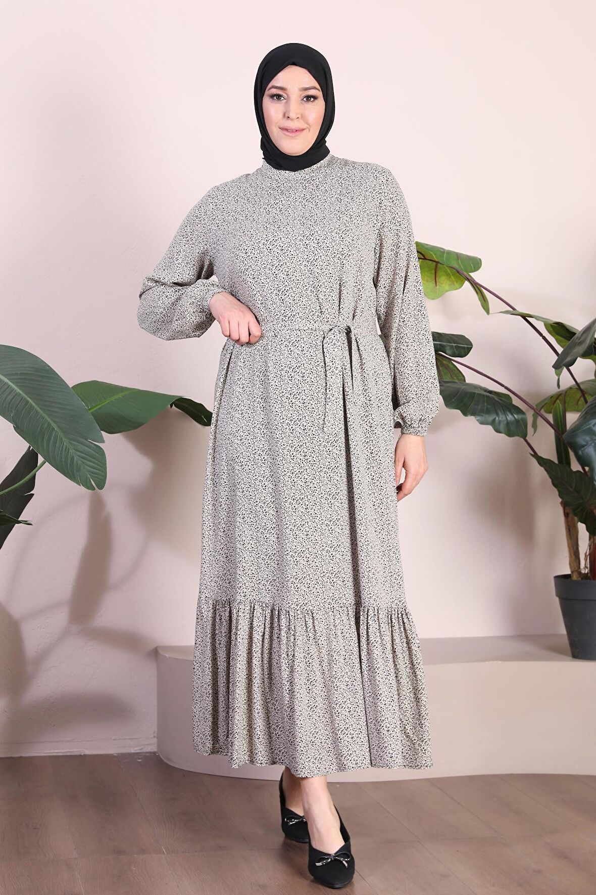 Kadın Buyuk Beden Elbise Tesettur Giyim Hakim Yaka Çıtır Desen 