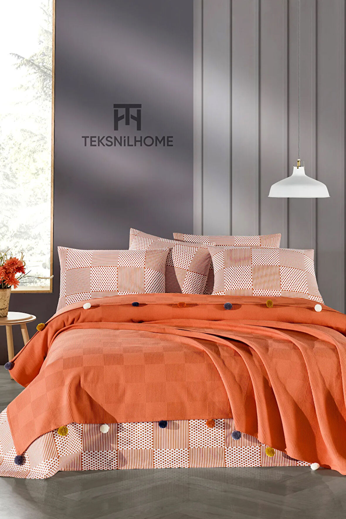 %100 Pamuk Kiremit Ponponlu Pike Takımı 3 Parça (Pike,Çarşaf,Yastık Kılıfı)