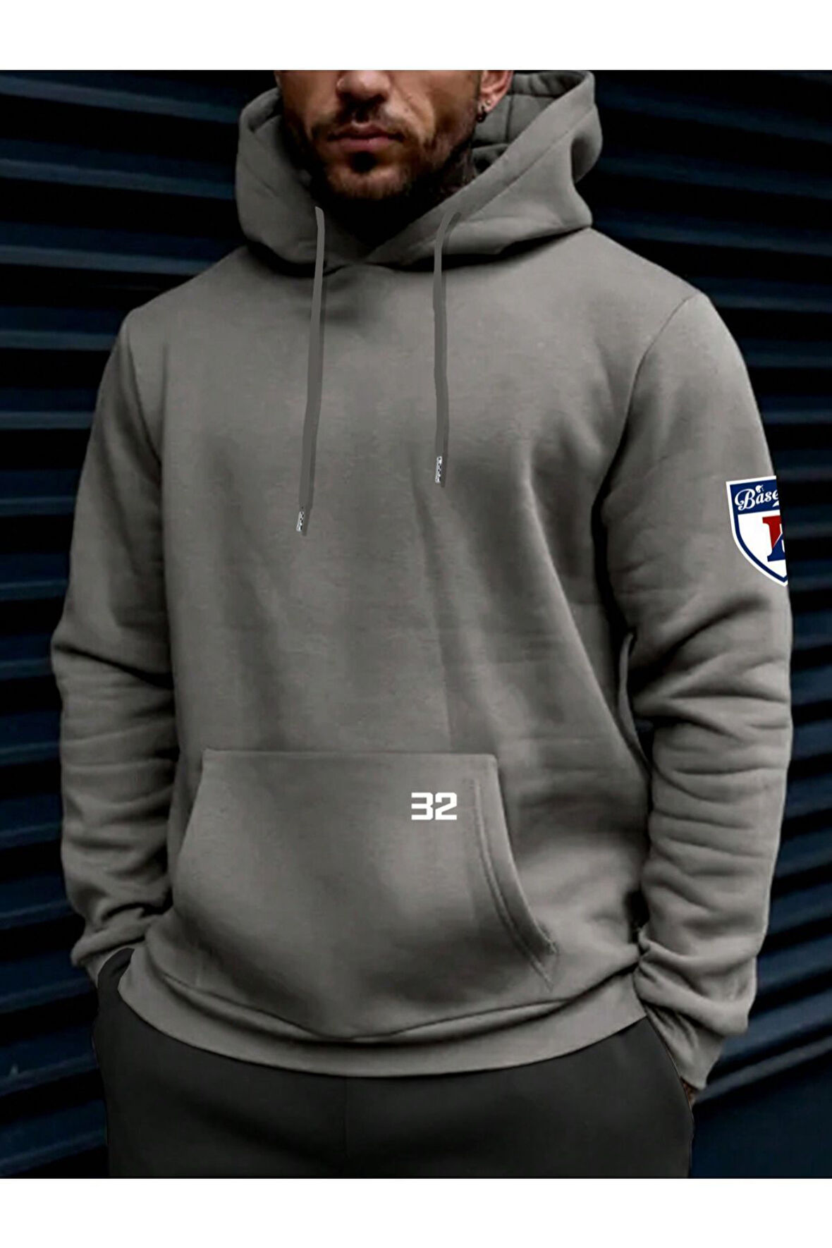 Erkek Duman Gri Baseball Baskılı Kapüşonlu Sweatshirt