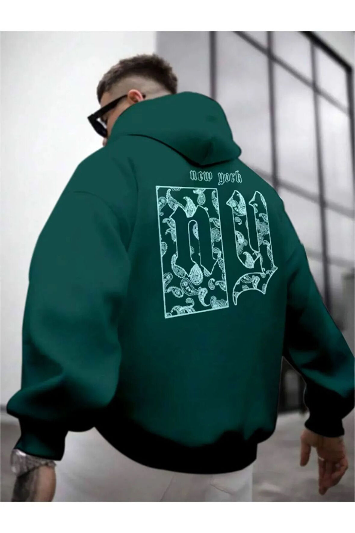 Erkek Sırt NY Baskılı Kapüşonlu Sweatshirt