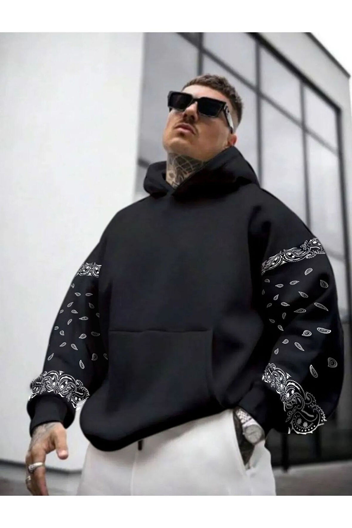 Erkek Kahverengi Kol Desenli Oversize Kapşonlu Sweatshirt