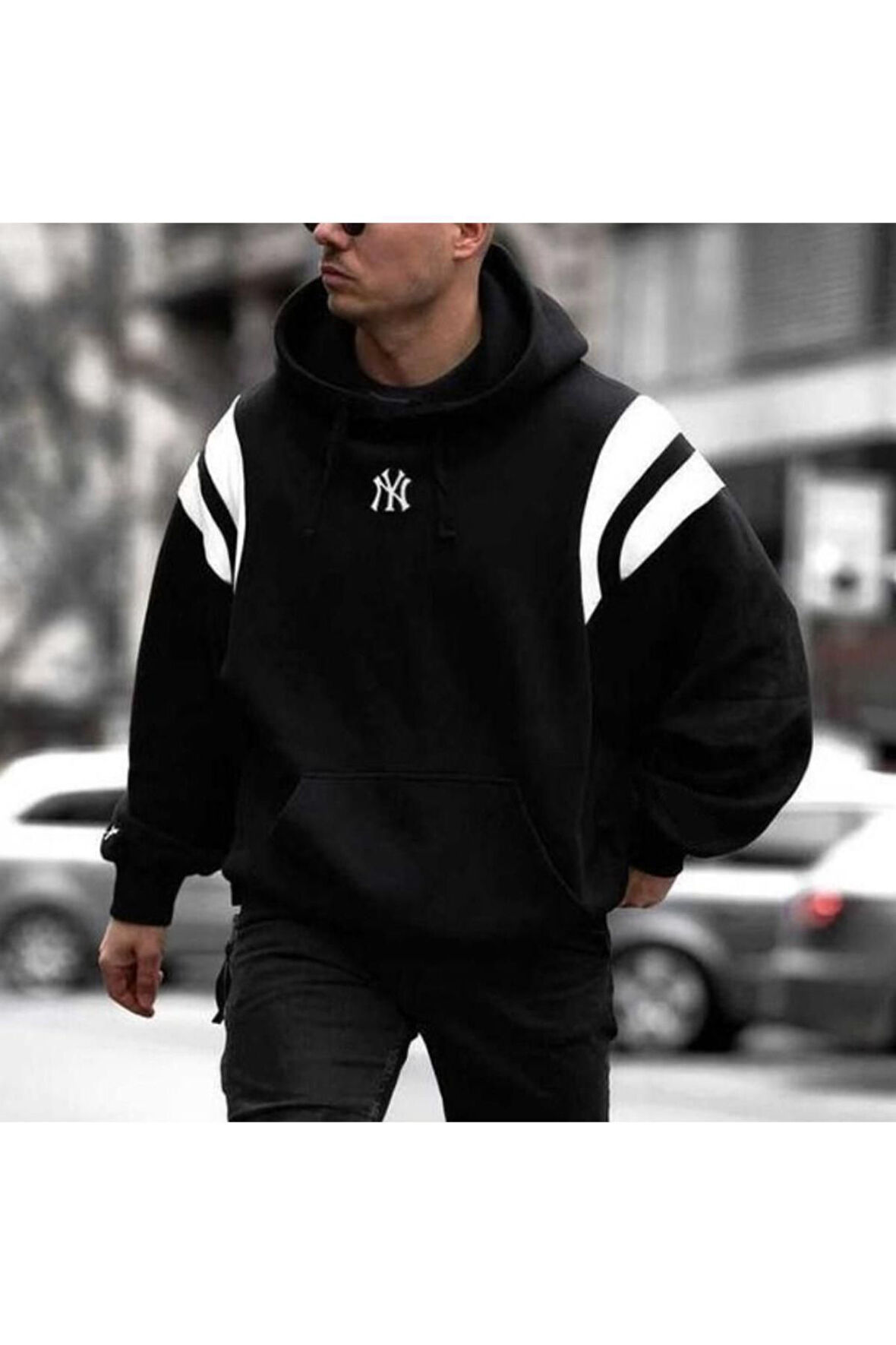 Erkek Siyah Omuz Şeritli Ny Baskılı Oversize Kapşonlu Sweatshirt