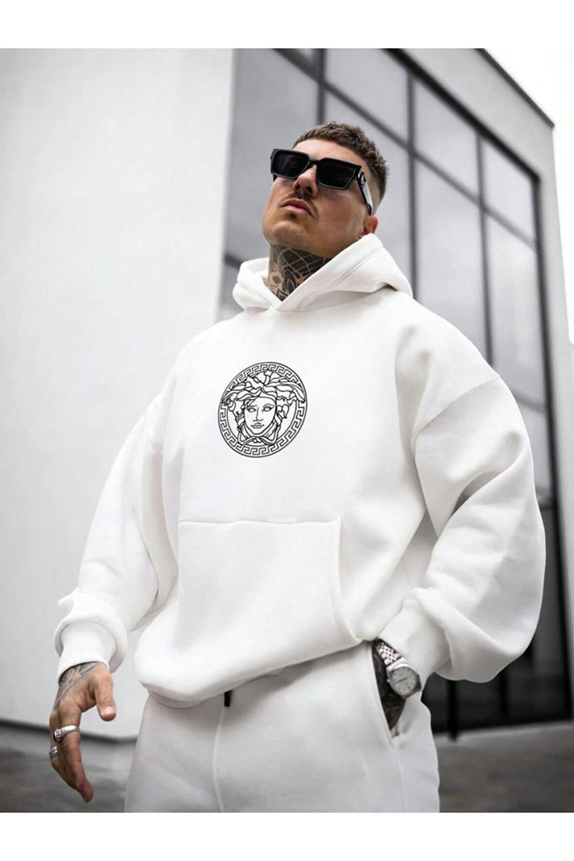 Erkek Medusa Baskılı Oversize Kapşonlu Sweatshirt