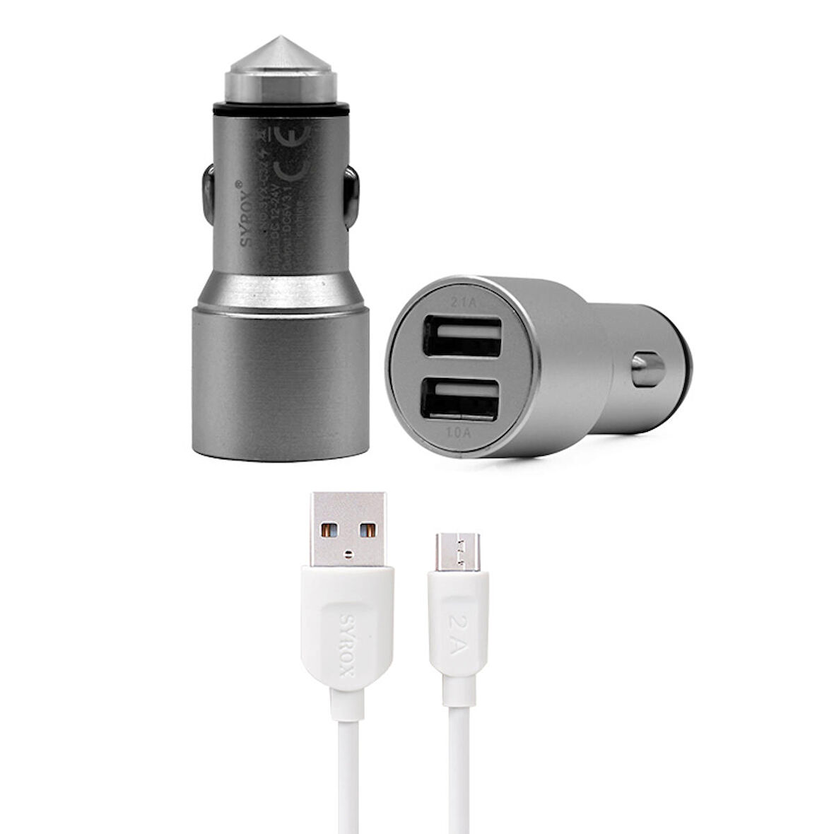 Syrox C32 Metal Araç İçi Şarj Adaptörü ve Micro USB Kablo Set 3.1A Füme