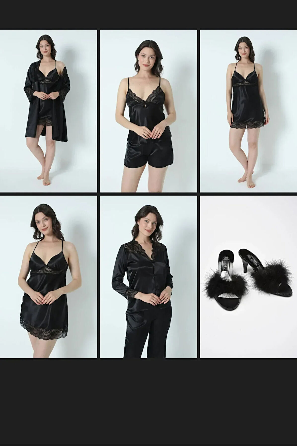 Kadın siyah Saten Çeyiz Set 6 Parça Dantelli Sab. Gec. Pijama Şortlu Tk.+Terlikli çeyiz set