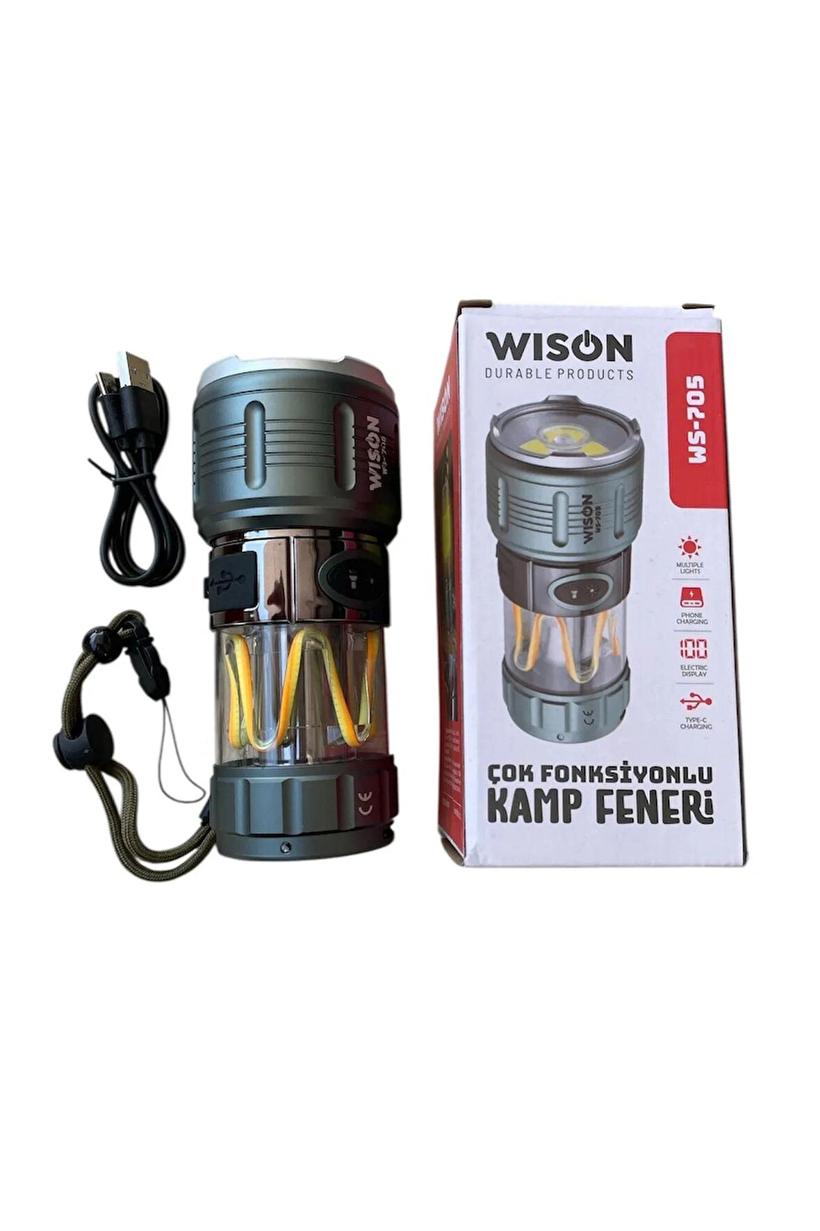 Wıson WS-705 Çok Fonksiyonlu Kamp Lambası, Şerit LED Işıklı, El Feneri 10 Watt