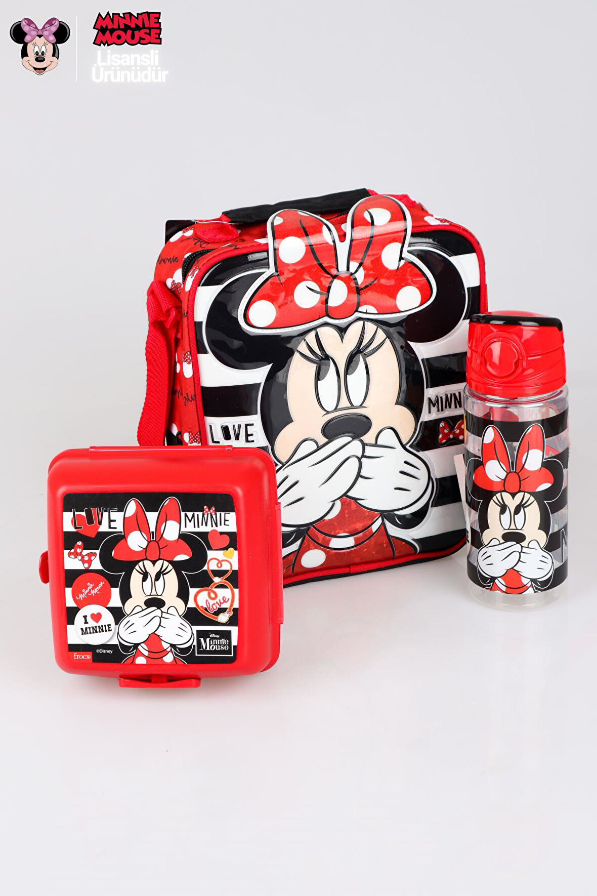 YENİ SEZON LİSANSLI MINNIE MOUSE BESLENME ÇANTASI,BESLENME KABI VE TRITAN MATARA 500 ML BESLENME SETİ