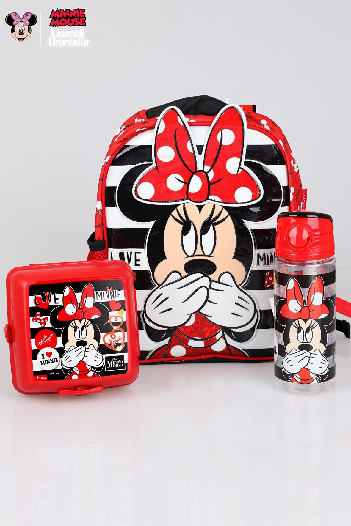 YENİ SEZON LİSANSLI MINNIE MOUSE ANAOKUL ÇANTASI,BESLENME KABI VE TRITAN MATARA 500 ML OKUL SETİ