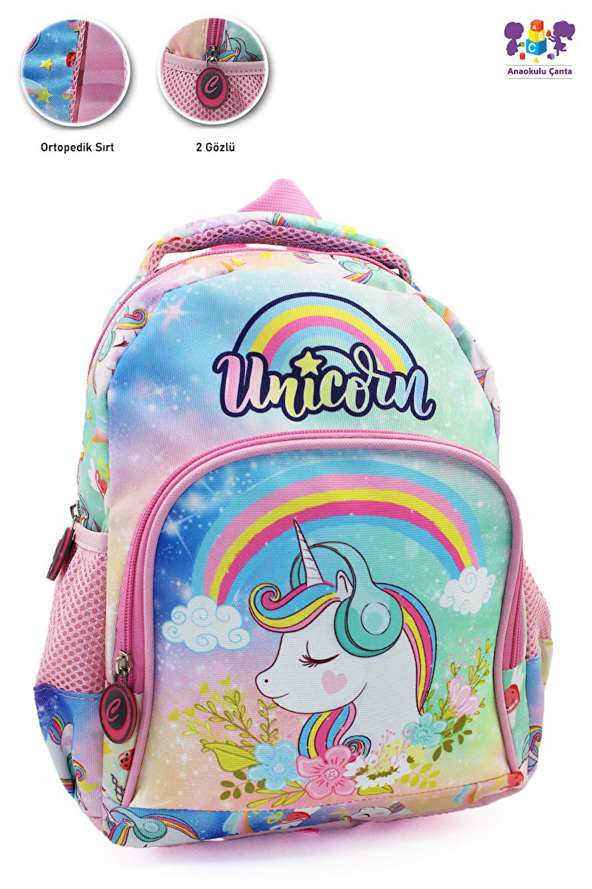 2 Gözlü Unicorn Anaokulu Çantası - Kız Çocuk Çanta Kreş Çantası - Gökkuşağı Unicorn Çanta