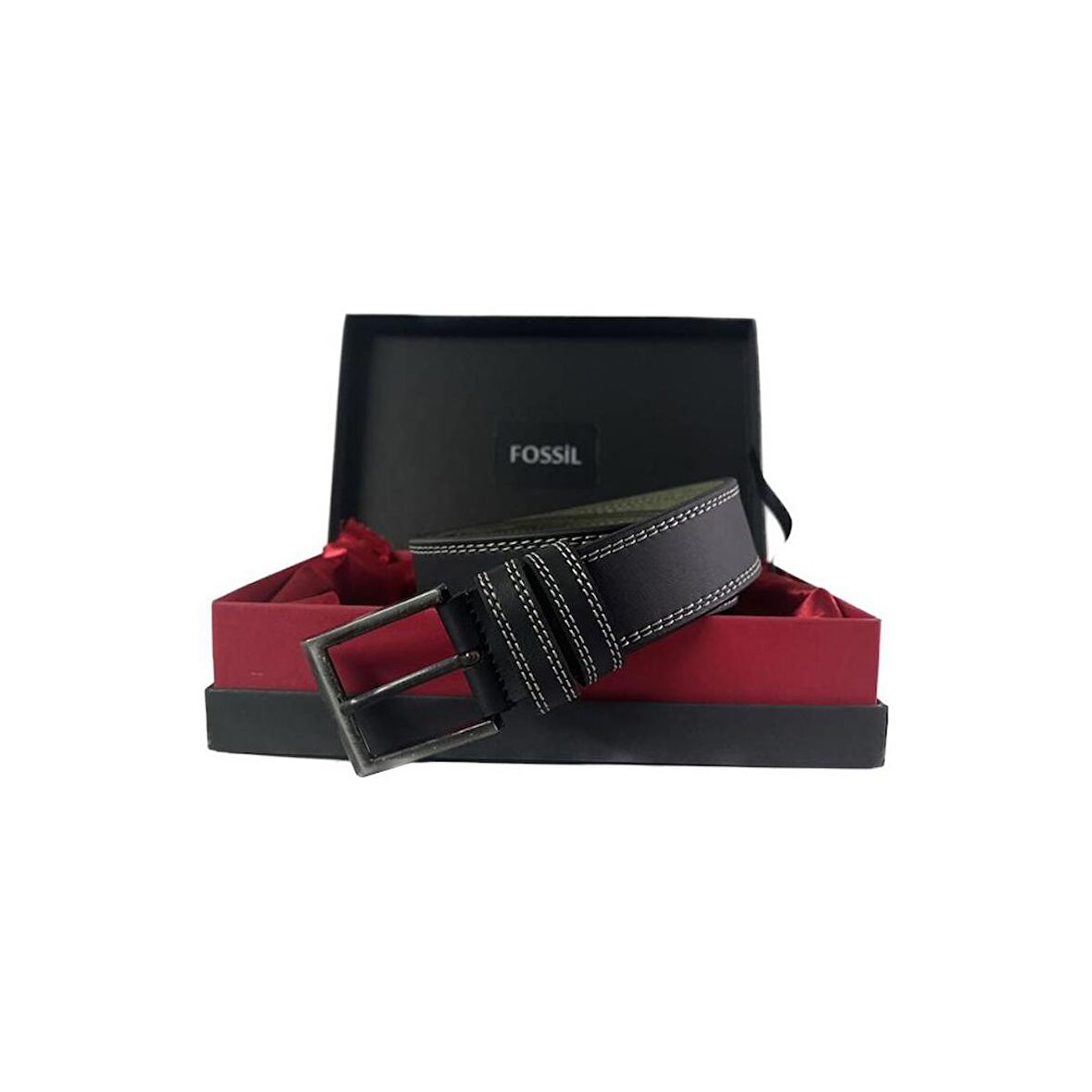 Fossil Siyah Çift Dikiş Suni Deri 4 cm Erkek Kemeri-110Cm