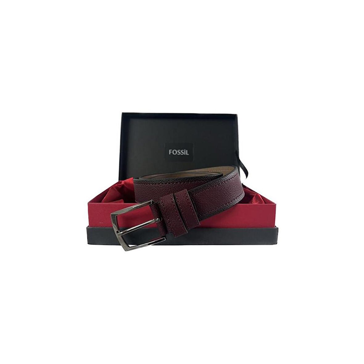Fossil Bordo Çift Dikiş Suni Deri 4 cm Erkek Kemeri-120 Cm