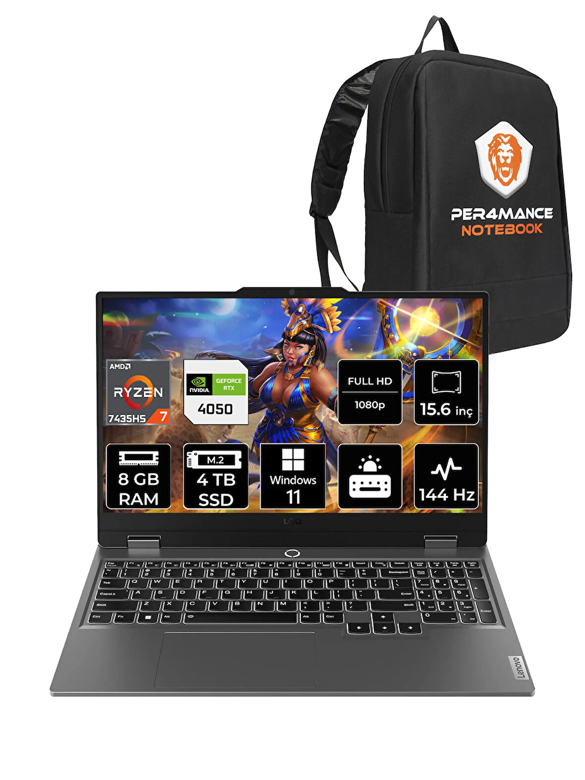 Lenovo LOQ R7 7435HS 8GB 4TB SSD RTX4050/6GB 105W 144Hz FHD 15.6" W11H Gaming Laptop & PER4 ÇANTA
