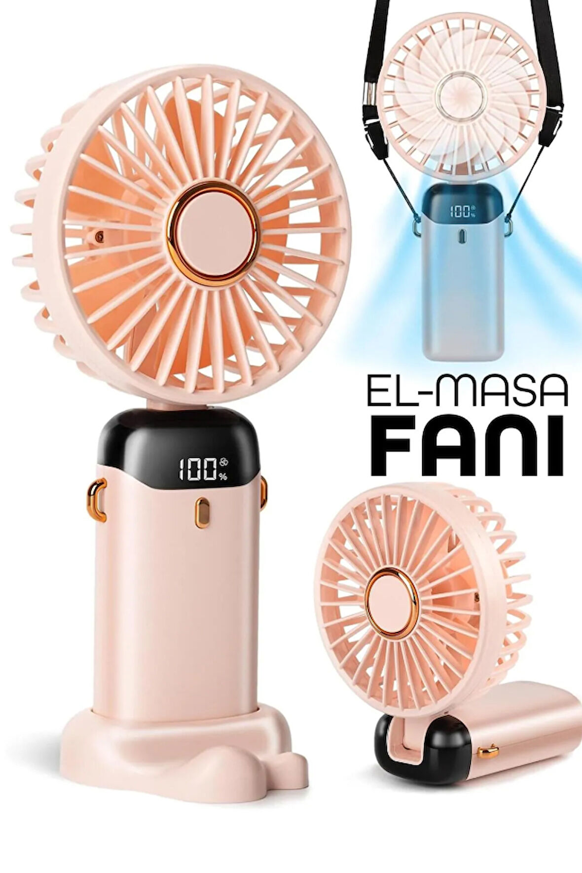 LCD Ekranlı Şarjlı El Fanı Mini Vantilatör 5 Kademe Sessiz Boyun Askılı Pembe Fan