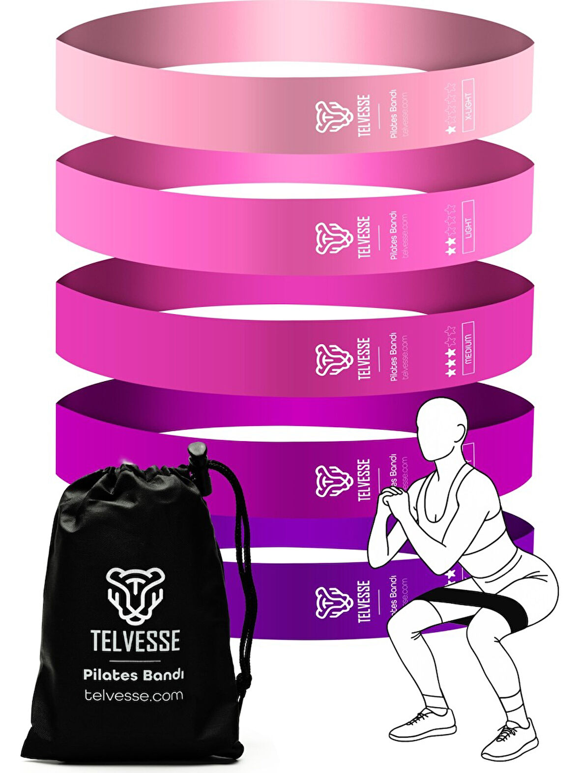 5’li Pilates Direnç Bandı Seti Loop Squat Lastiği Çantalı Fitness Egzersiz Bantları - Pembe