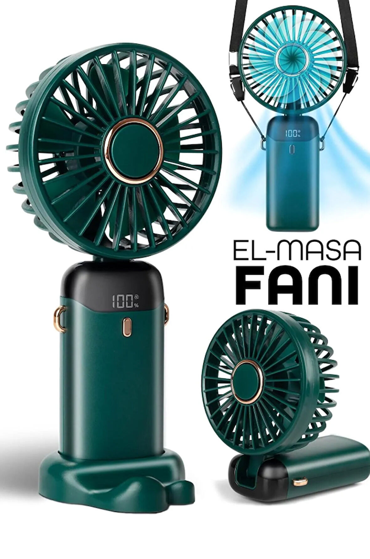 LCD Ekranlı Şarjlı El Fanı Mini Vantilatör 5 Kademe Sessiz Boyun Askılı Yeşil Fan