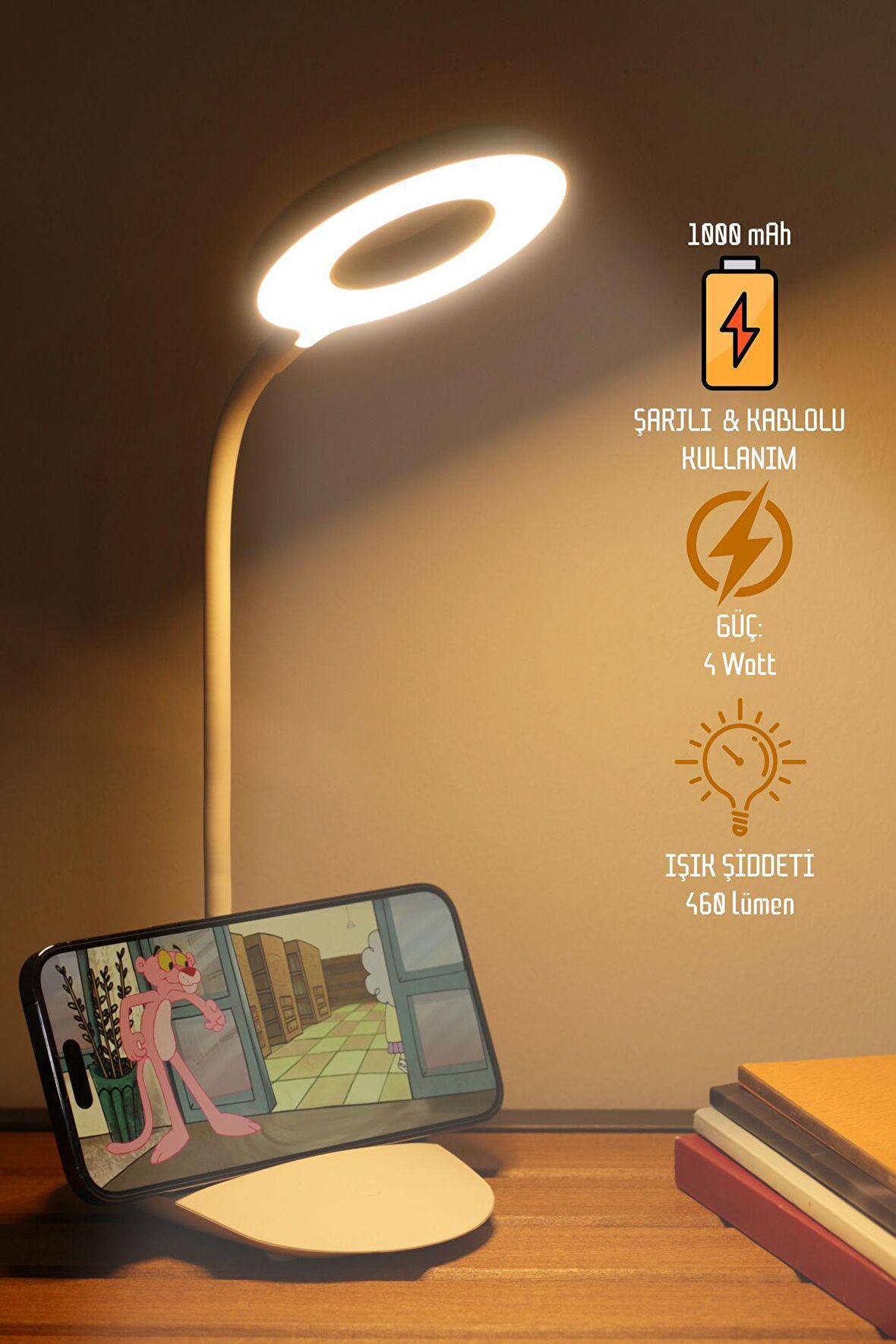 Şarjlı Masa Lambası Dokunmatik 3 Renk 24 Led Telefon Standlı Kademeli Çalışma Okuma Işığı