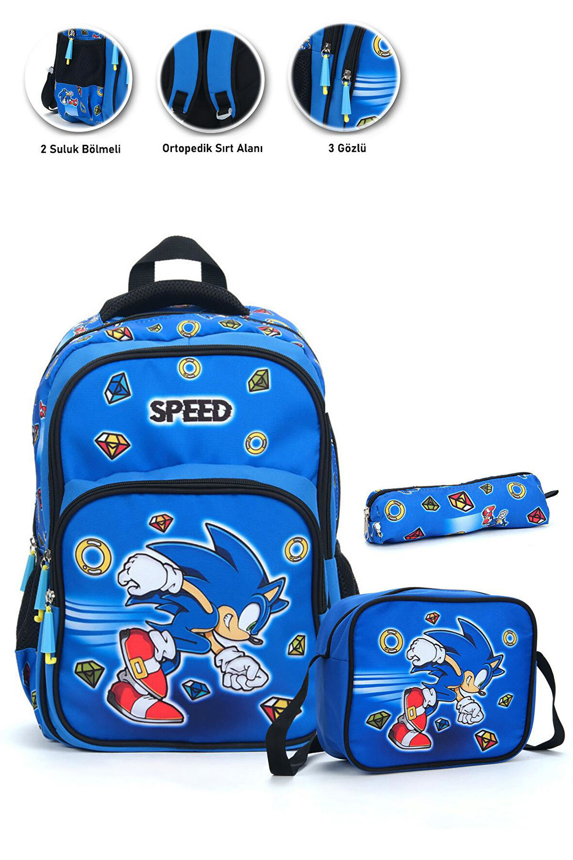 Speed Sonic Okul Çantası + Beslenme + Kalemlik Super Sonic Çanta İlkokul Çantası Sırt Çanta