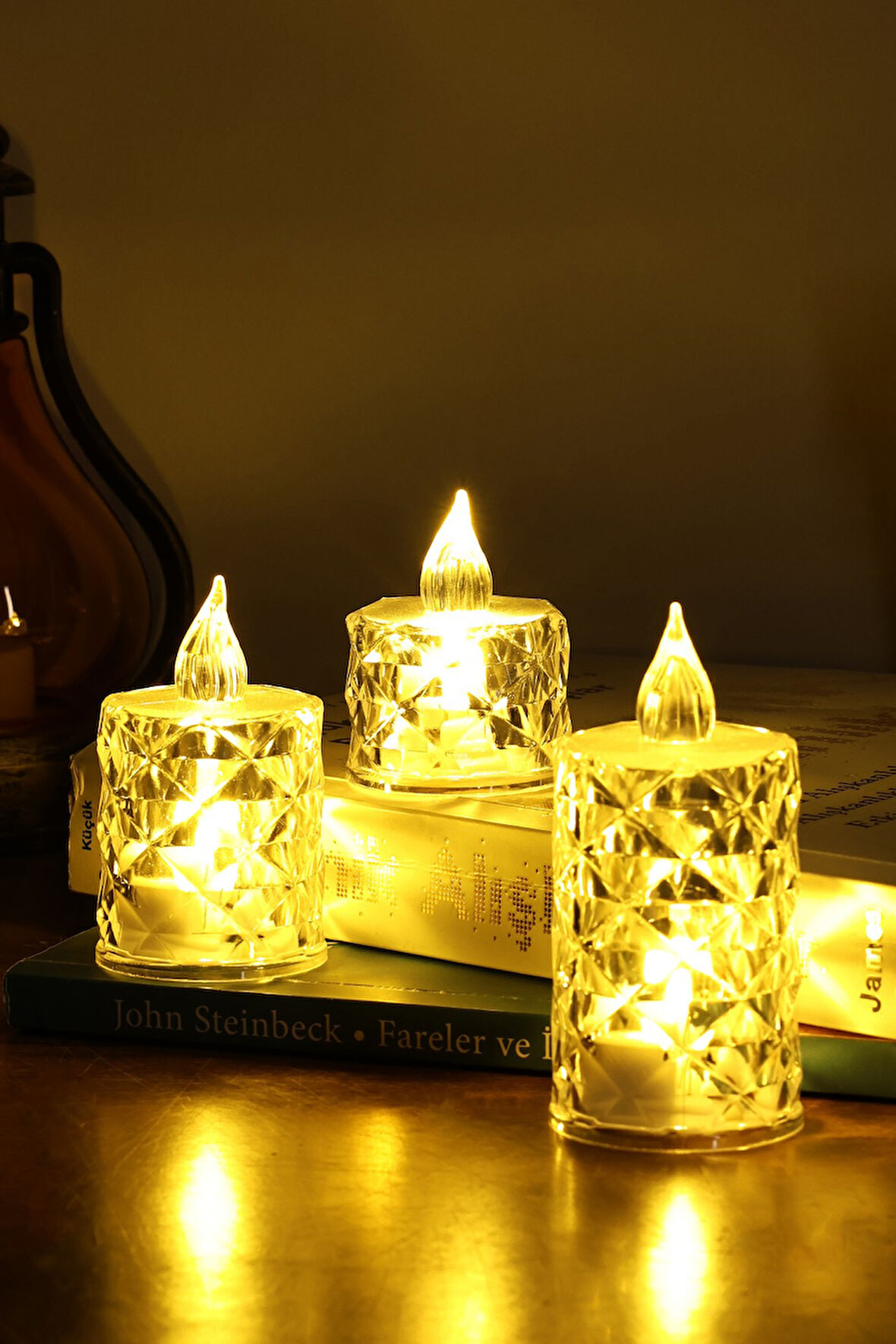 3’lü Elmas Kristal Desenli LED Mum Seti Pilli Dumansız Alevli Dekoratif Yapay Mum