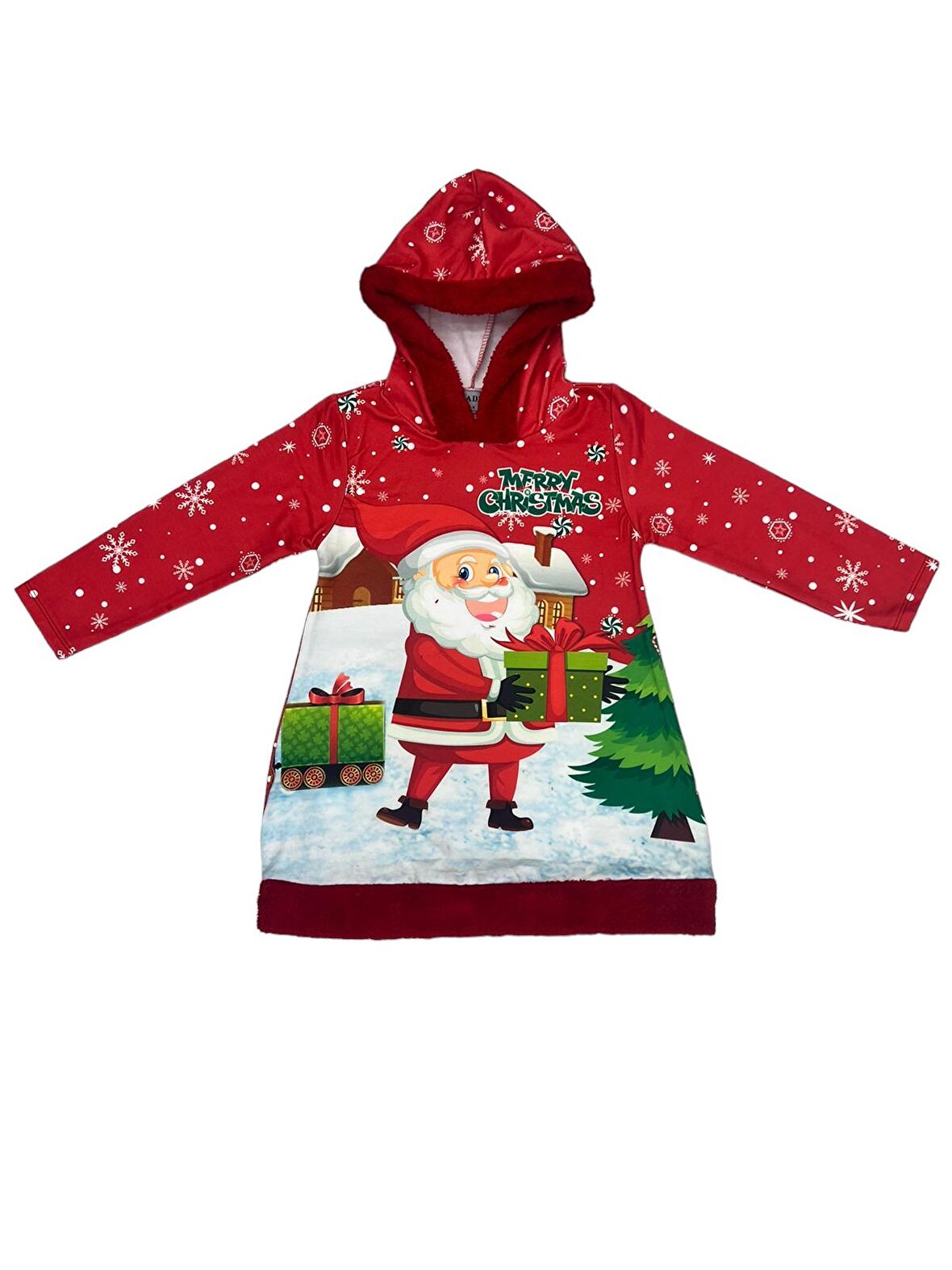 Şardonlu Yeni Yıl Yılbaşı Noel  Baba Santa Tema Baskılı Kapüşonlu Peluş Detay Mini Elbise