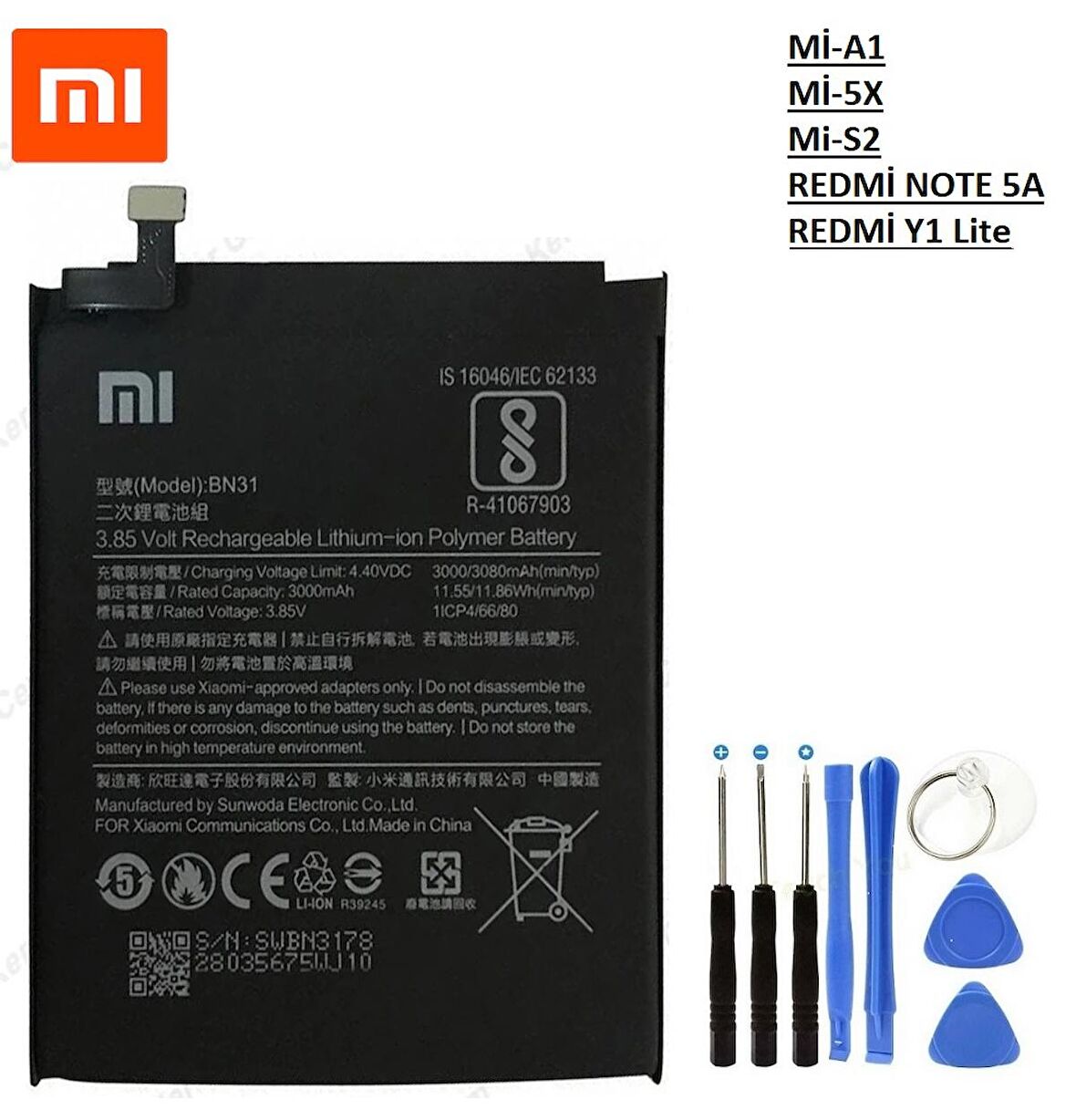 XİAOMİ Mİ A1 REDMİ S2/Y2 PİL BATARYA BN31+Tamir Seti