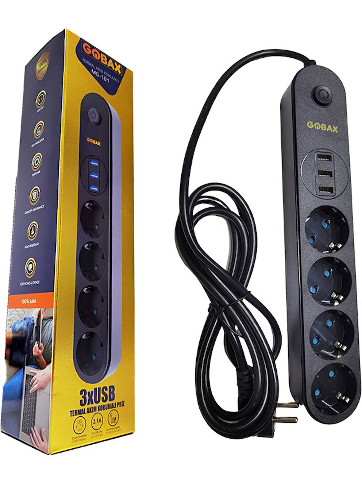 Termal Akım Korumalı GB-103 Uzatma Kablosu MG-101 10A-2500W