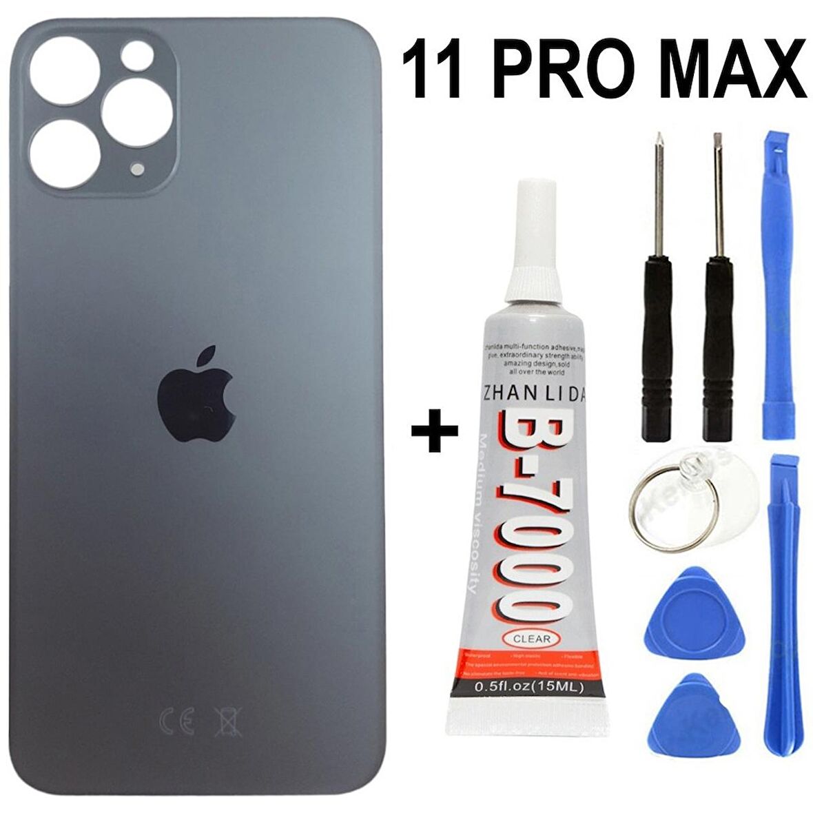 iPhone Uyumlu 11 Pro Max Arka Batarya Pil Kapağı + Yapıştırıcı + Tamir Set - Gümüş