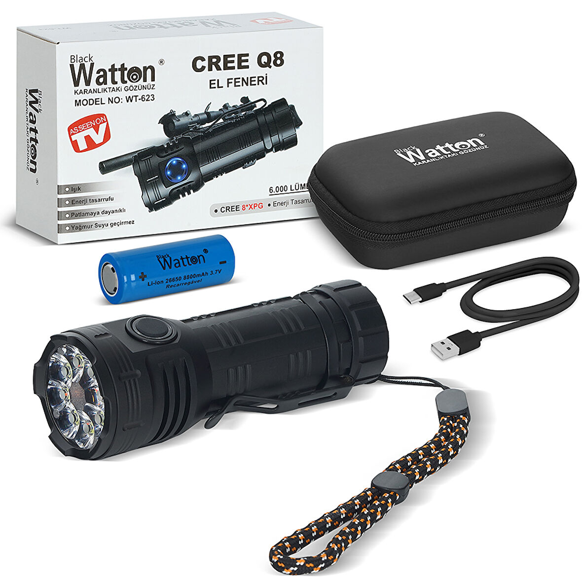 CREE Q8- XPG 8+1 LED  ŞARJLI EL FENERİ WATTON WT-623