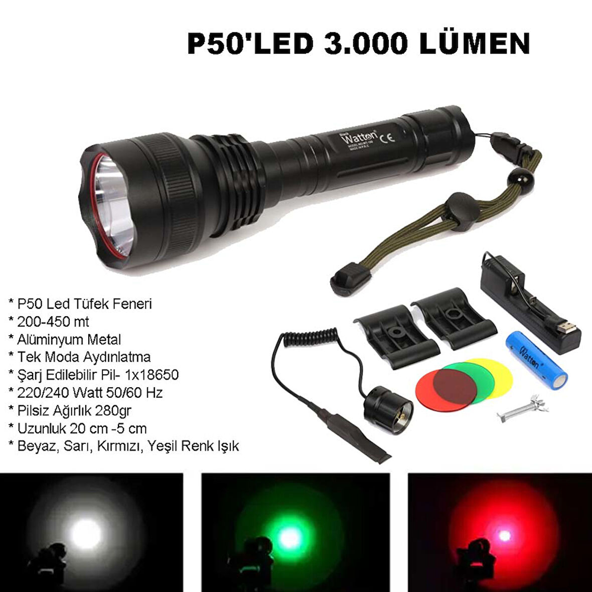 Profesyonel P50'Led 3.000 Lümen  Şarjlı Av Feneri Watton Wt-150