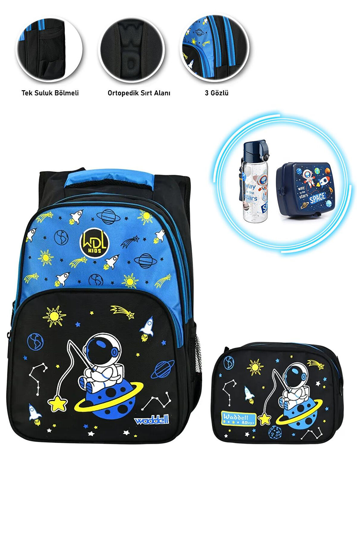 Oltalı Astronot Okul Çantası + Astronot Beslenme Kabı + Astronot Suluk - Uzay Çanta İlkokul Çantası