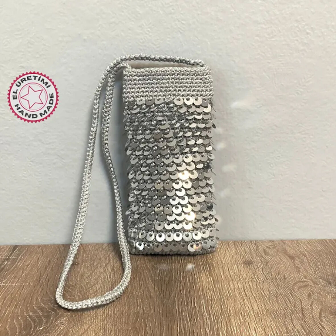 Uretti - Rukiye 7294 - El Yapımı Makrome İp Payetli Telefon Çanta 20cm - Gri