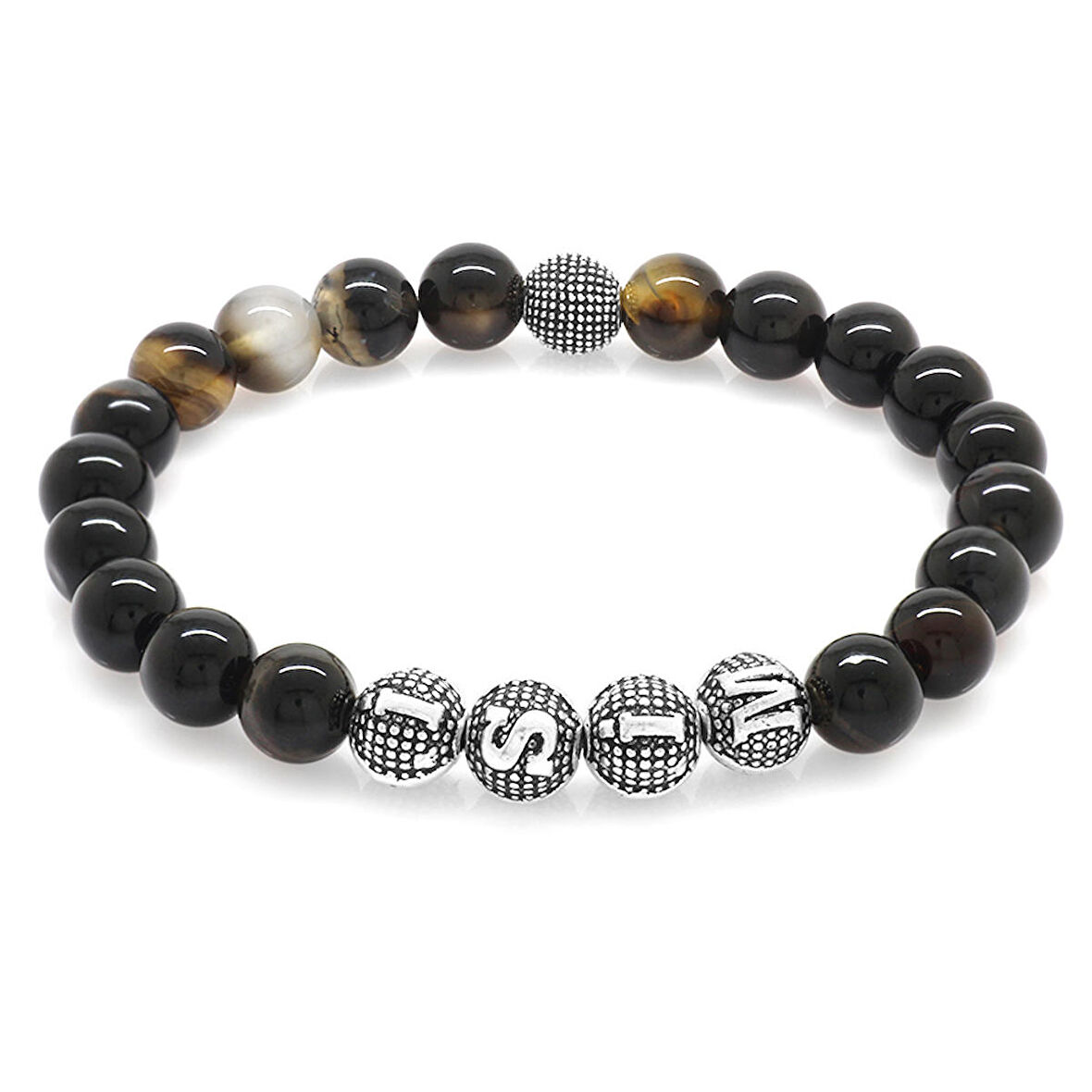 Süleyman Akik Metal Kombinli Kişiye Özel İsim Yazılı Küre Kesim Doğaltaş Bileklik