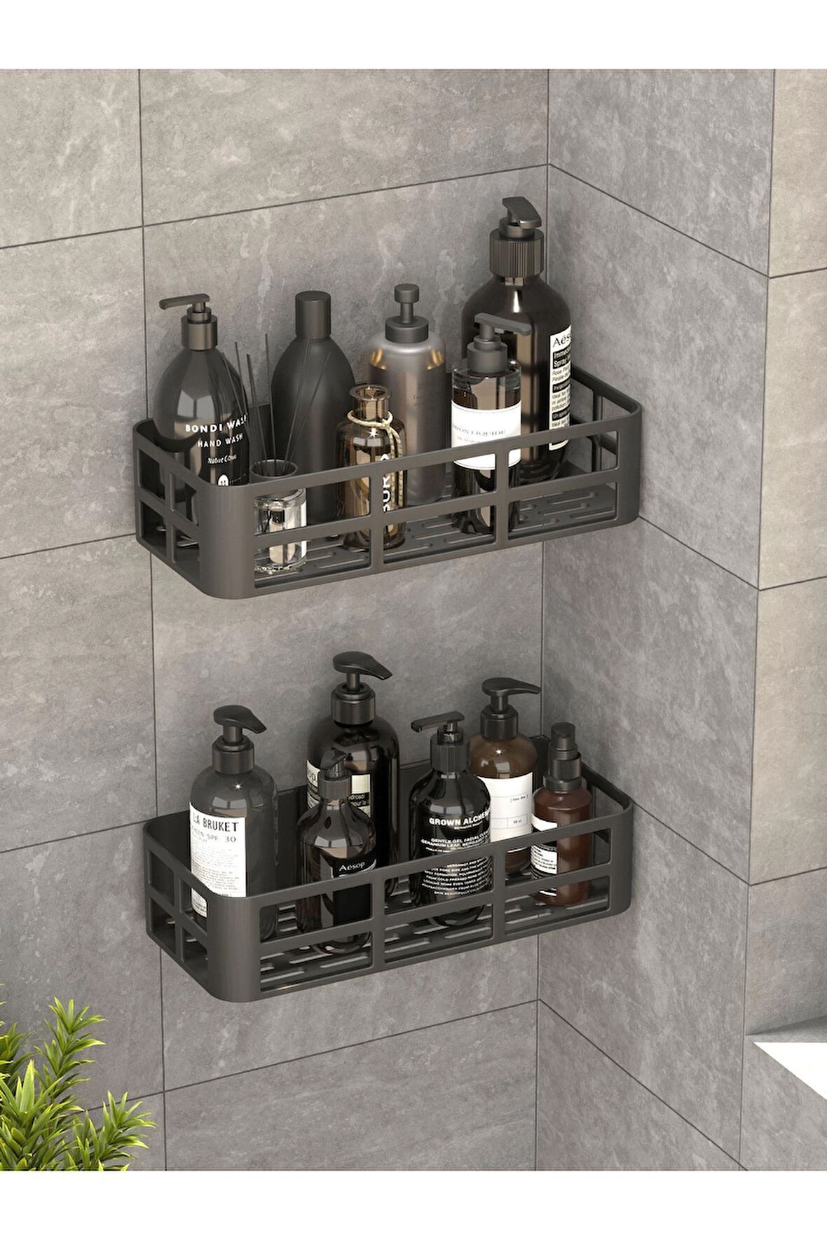 Banyo Duş Rafı 2'li Yapışkanlı ve Deliksiz Duş Organizer Suya Dayanıklı Siyah Raf