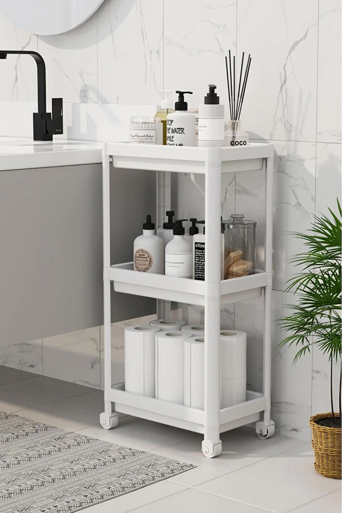 3 Katlı Banyo Raf Ünitesi (PEGGY) Beyaz Banyo Düzenleyici Şampuanlık Havluluk Dolap(BEYAZ)