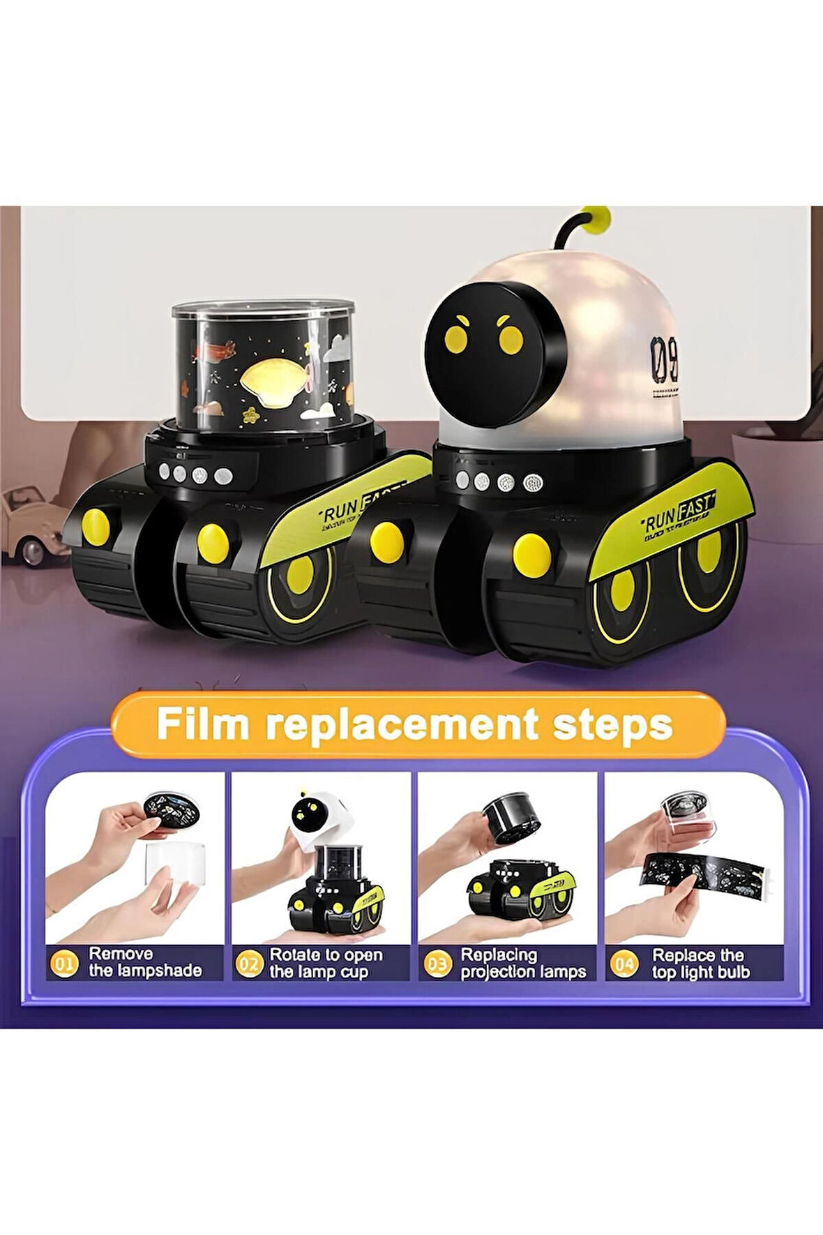 ÇOCUKLAR İÇİN EĞİTİCİ VE EĞLENCELİ ROBOT TEMALI PROJEKTÖR GECE LAMBASI