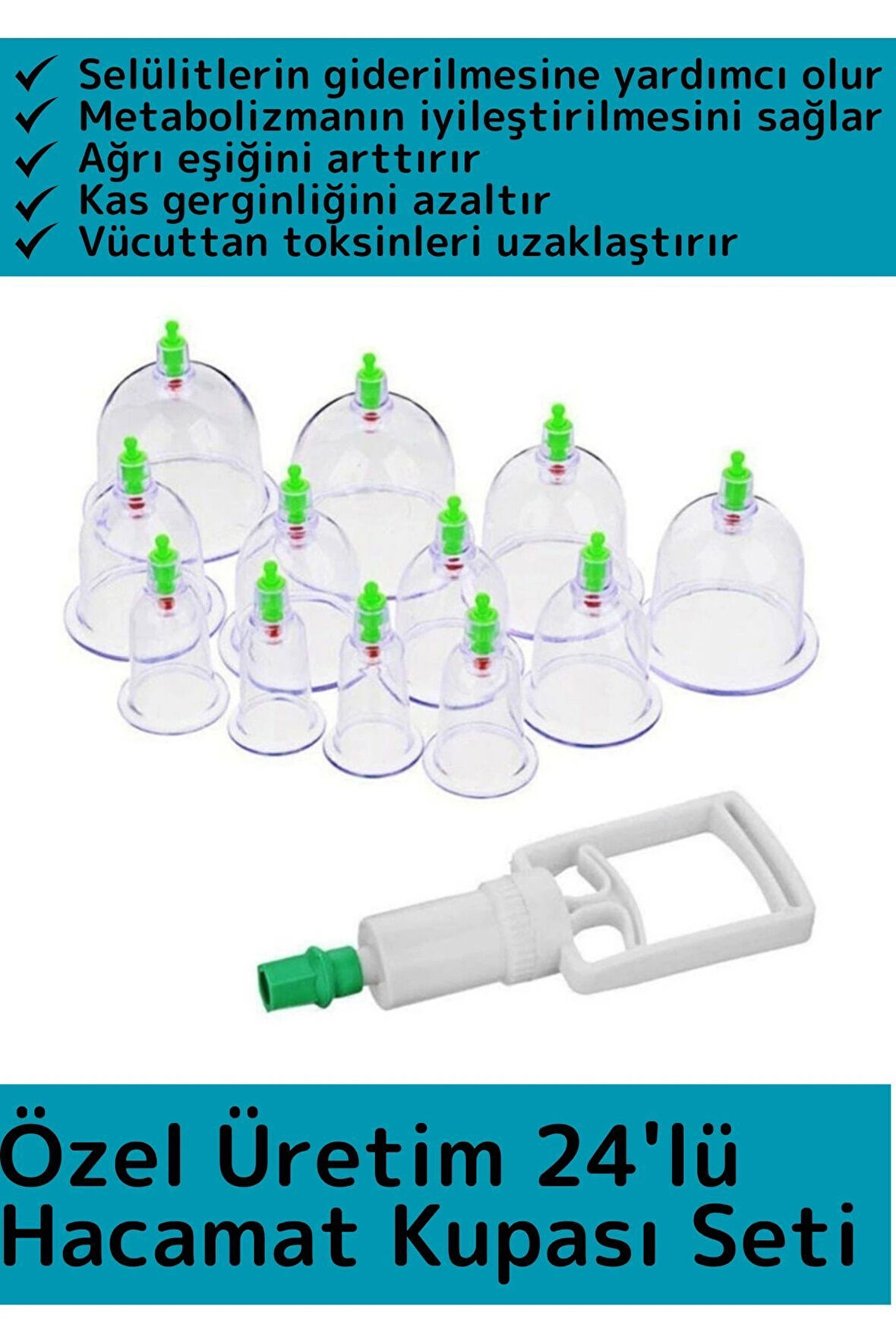 Özel Üretim Yüksek Kaliteli Selülit Çatlak Giderici Vakumlu 24'lü Hacamat Kupası Seti