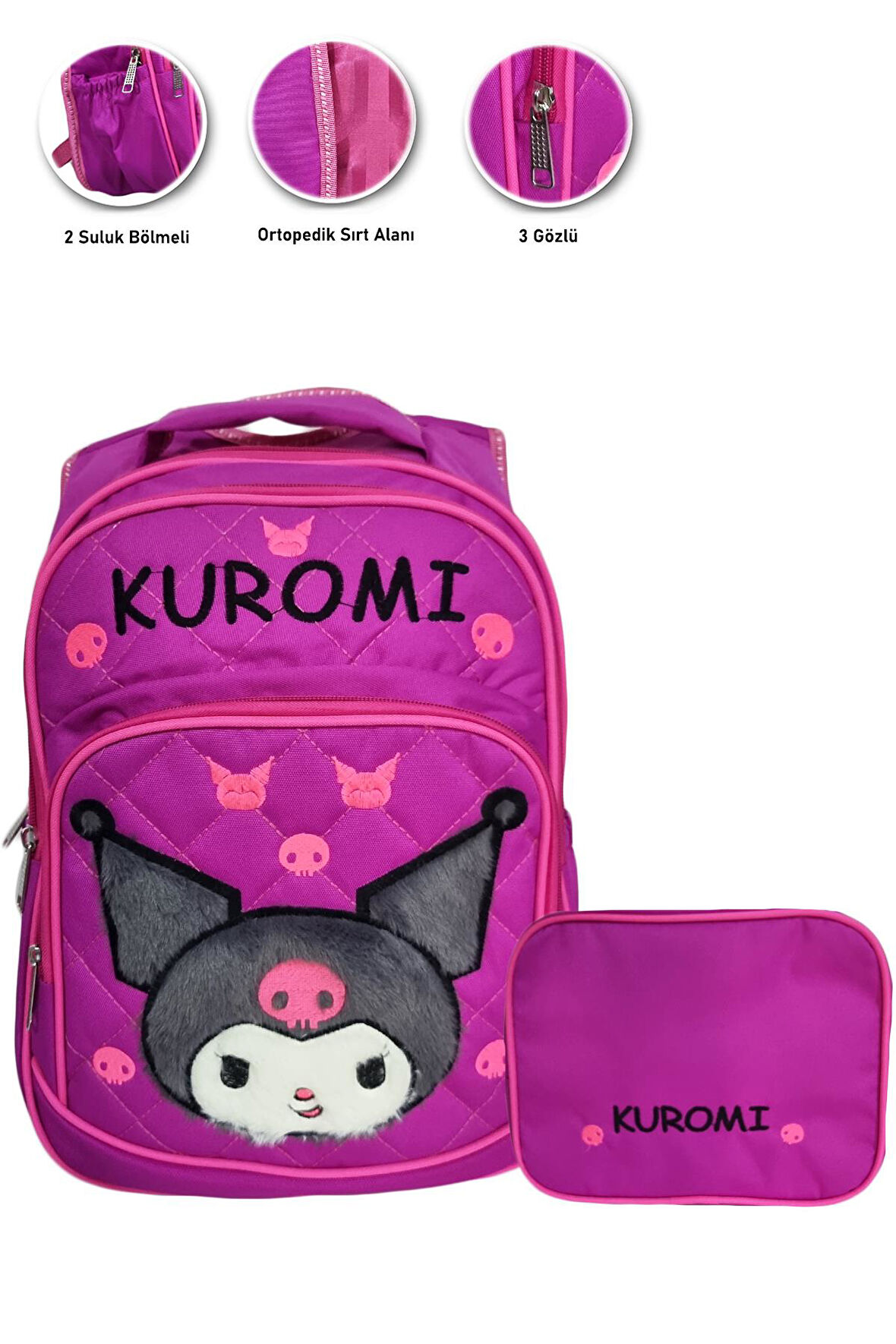 3 Gözlü Tüylü Kuromi İlkokul Çantası + Beslenme - Kuromi İlkokul Kız Çantası