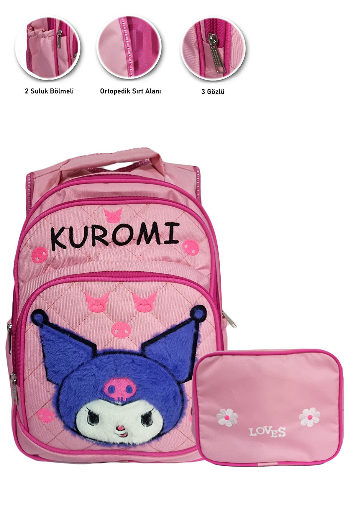 3 Gözlü Tüylü Kuromi İlkokul Çantası + Beslenme - Kuromi İlkokul Kız Çantası