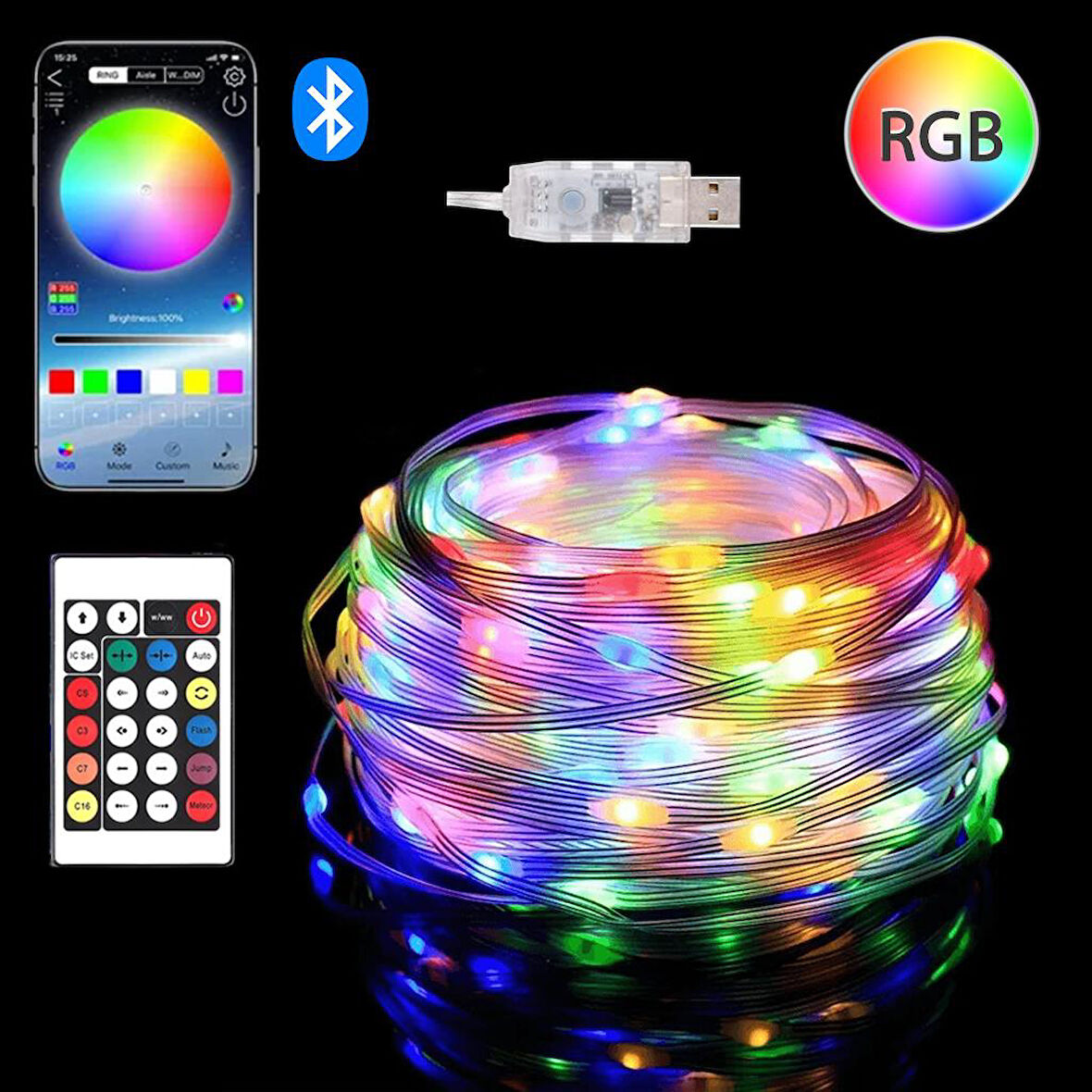 USB Fonksiyonlu Uygulamalı 10 Metre Rgb Yılbaşı Ledi Magic Led Kumandalı Led Çam Ağacı Ledi