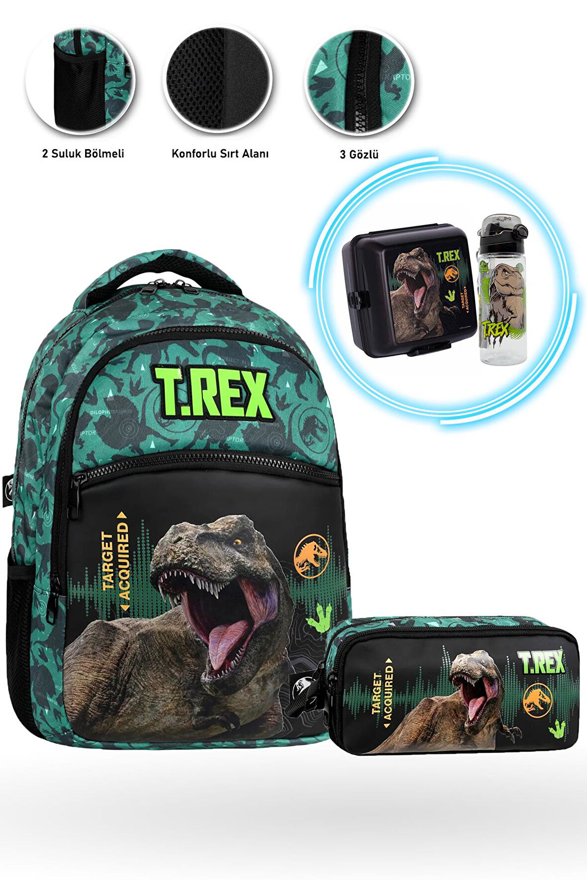 3 Gözlü Target Trex Okul Çantası + Kalemlik + Trex Beslenme + Trex Suluk - Dino Çanta İlkokul Çanta