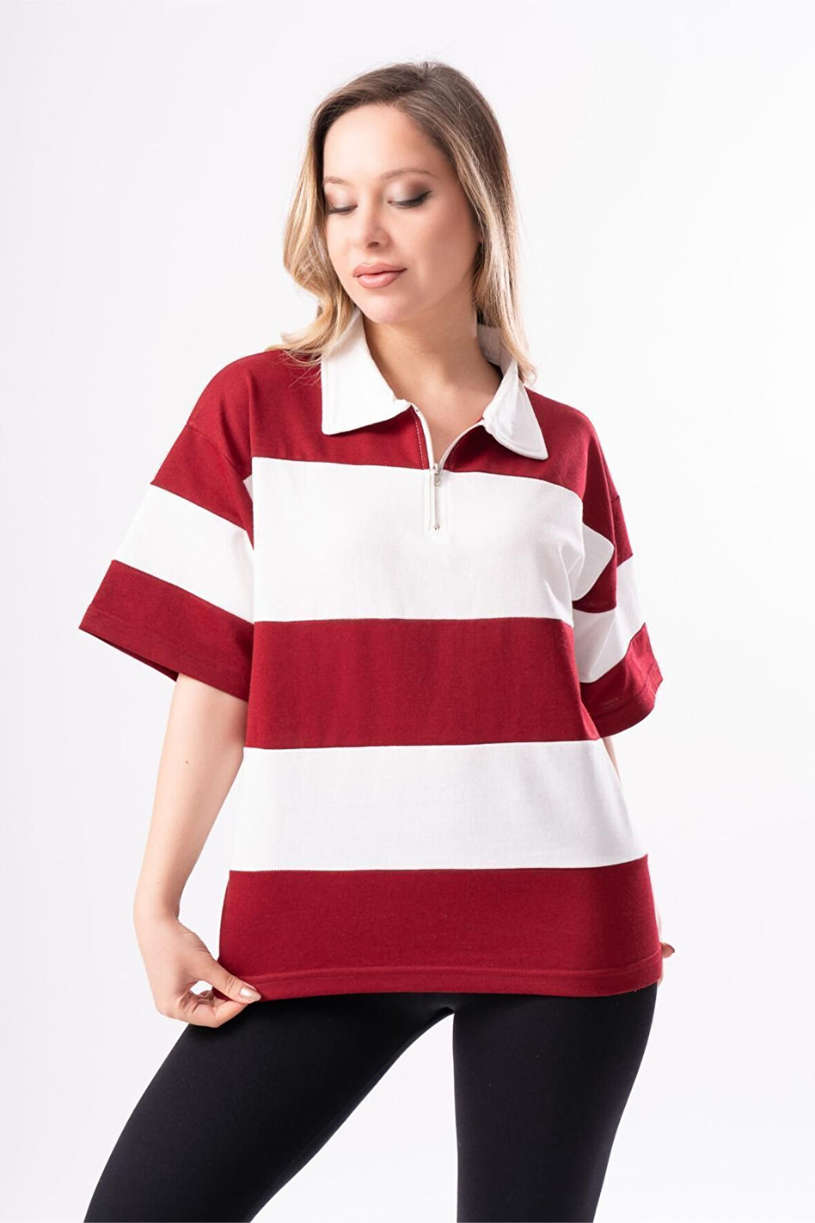 Kadın Polo Yaka Çizgili Oversize T-Shirt