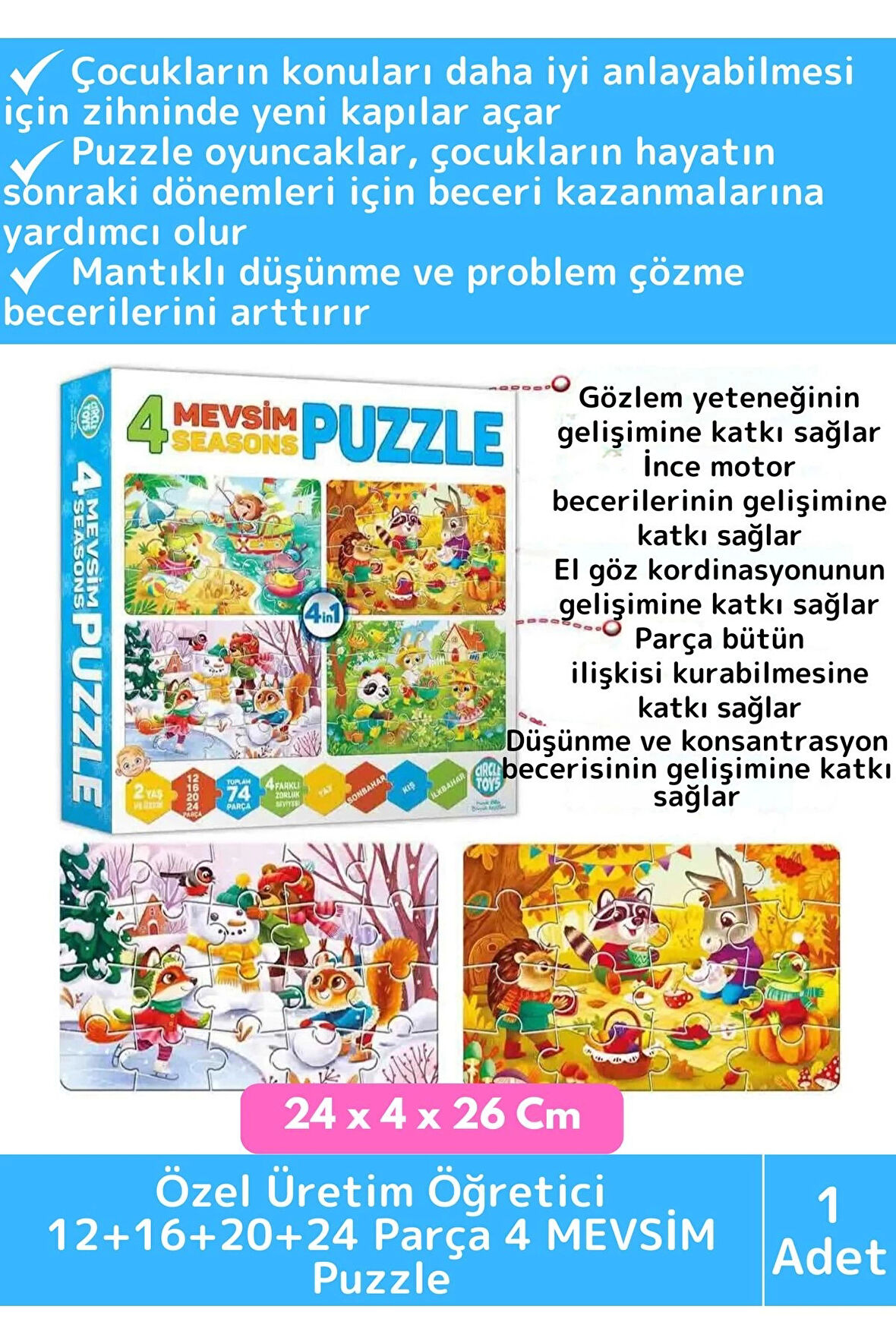 Premium Eğitici Zeka El Göz Koordinasyon Geliştirici Çocuk 12 + 16 + 20 + 24 Parça "4 MEVSİM" Puzzle