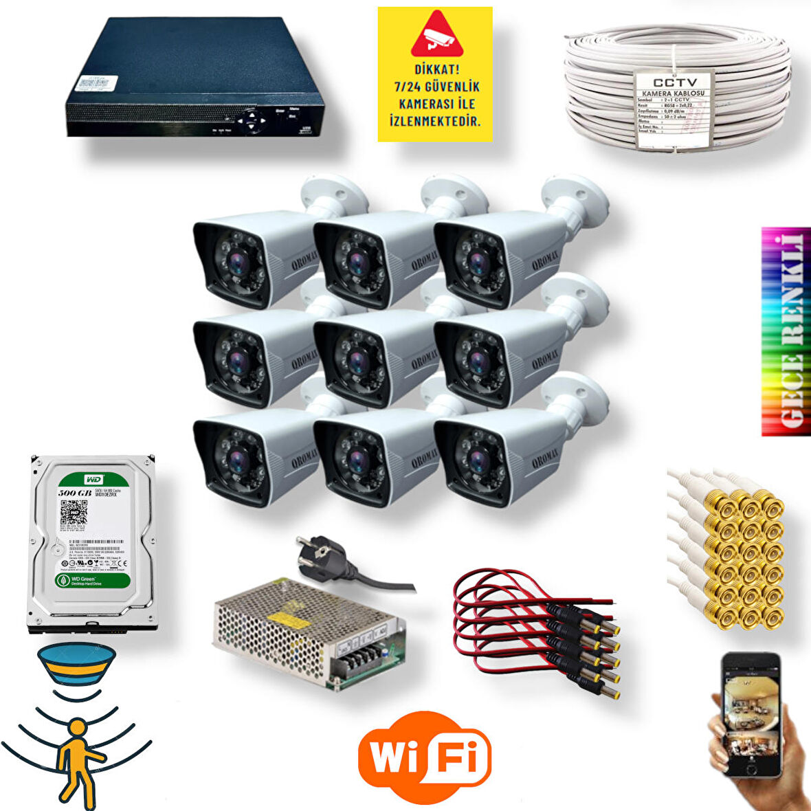 9 Kamerali Set - İnsan Yüz Ve Hareket Algilayan 1080p 5mp Sony Lensli Gece Renkli Gösteren Güvenlik Kamerasi Seti 906W