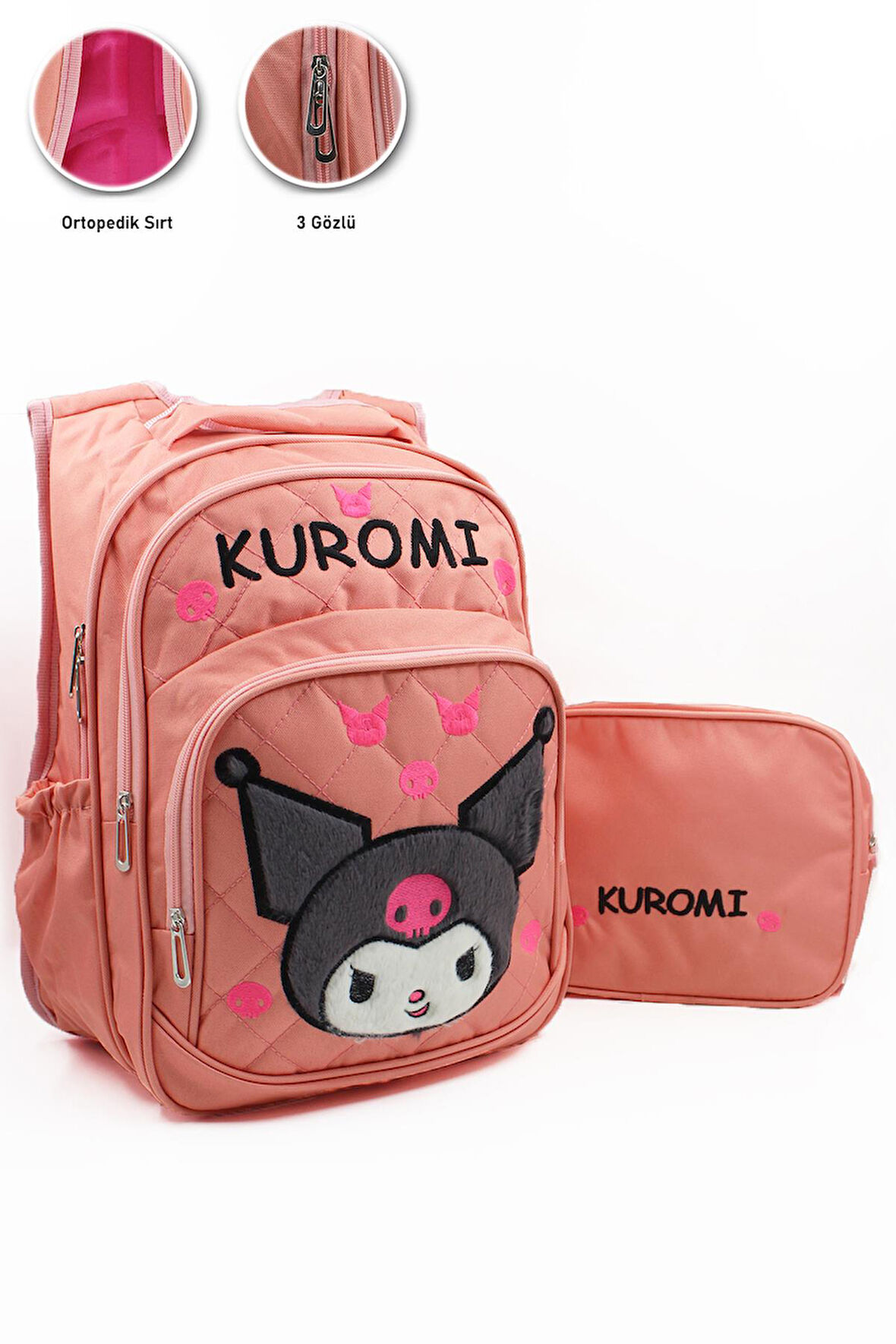 3 Gözlü Tüylü Kuromi İlkokul Çantası + Beslenme - Kuromi İlkokul Kız Çantası Mini Kafalı